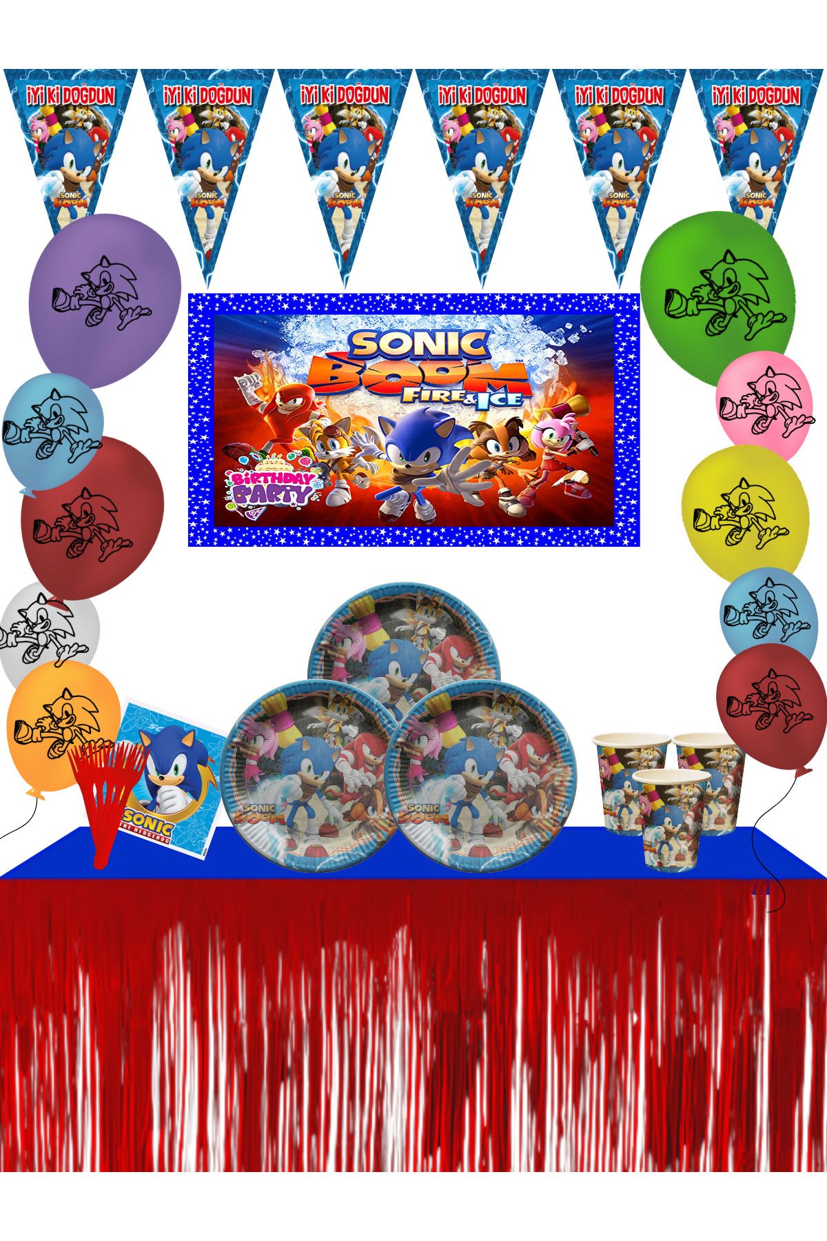 snowparty Sonic Boom Kirpi Sonic Afişli Metalize Masa Etekli Doğum Günü Parti Malzemeleri Süsleri Seti