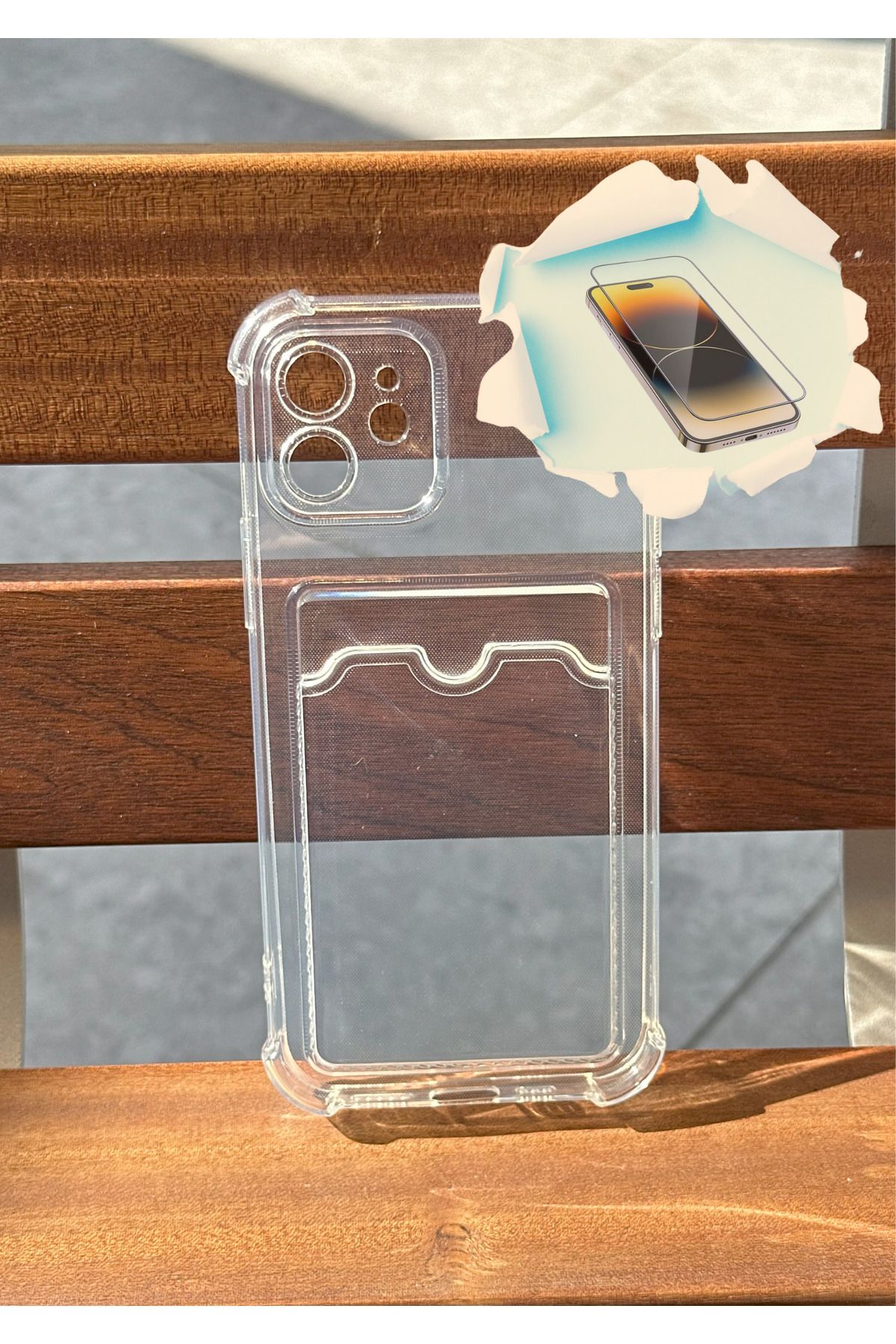 CNL iPhone 12 Uyumlu Kamera Korumalı Kartlıklı Şeffaf Darbe Emici Kılıf - Kırılmaz Cam Hediyeli