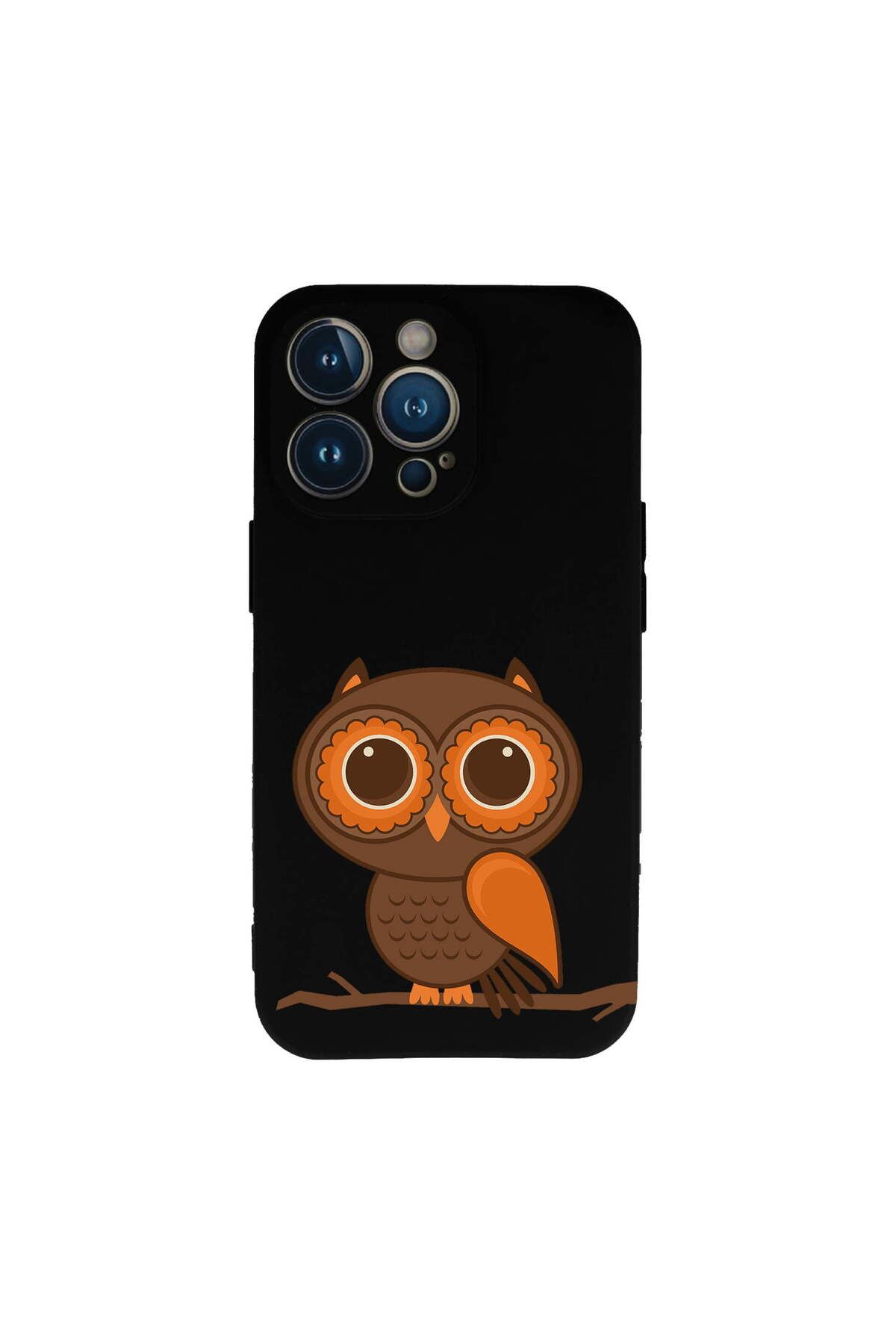 PrintiFy iPhone 13 Pro Max ile Uyumlu Baykuş (0214a) Tasarımlı Siyah Lansman Silikon Kılıf