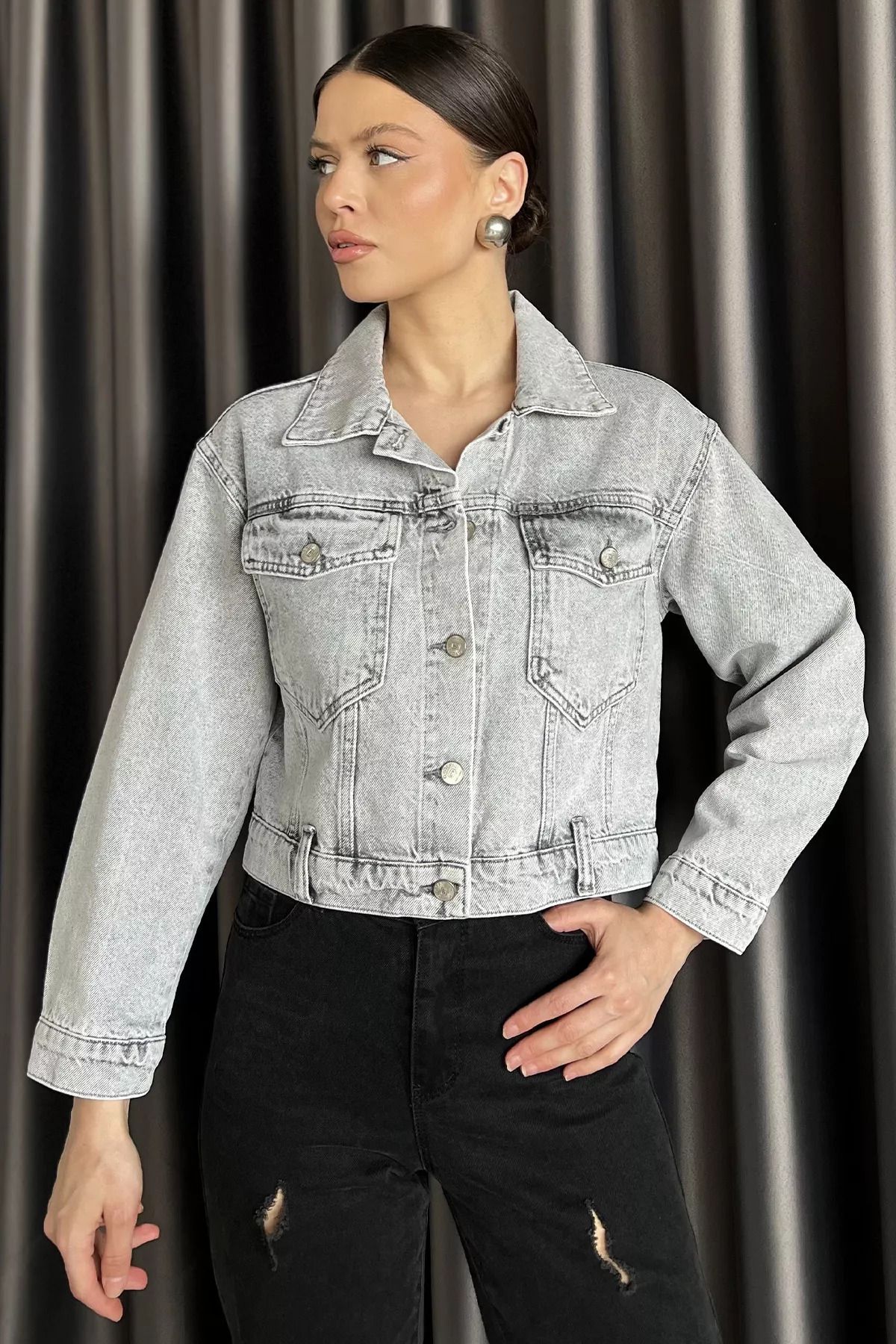 GÜLSELİ Açıkgri Slim Fit Kadın Jean Kot Ceket