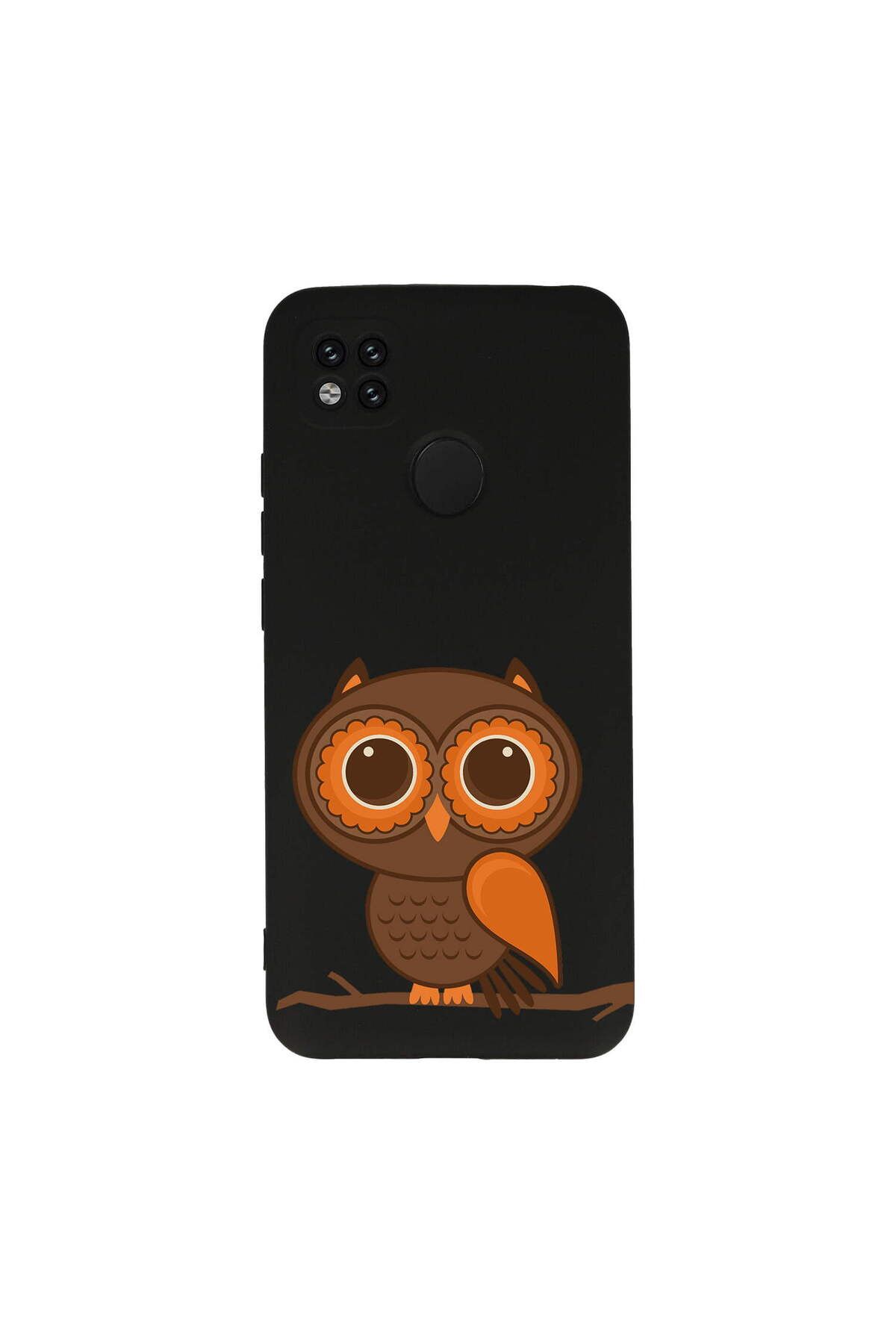 PrintiFy Xiaomi Redmi 9c ile Uyumlu Baykuş (0214a) Tasarımlı Siyah Lansman Silikon Kılıf