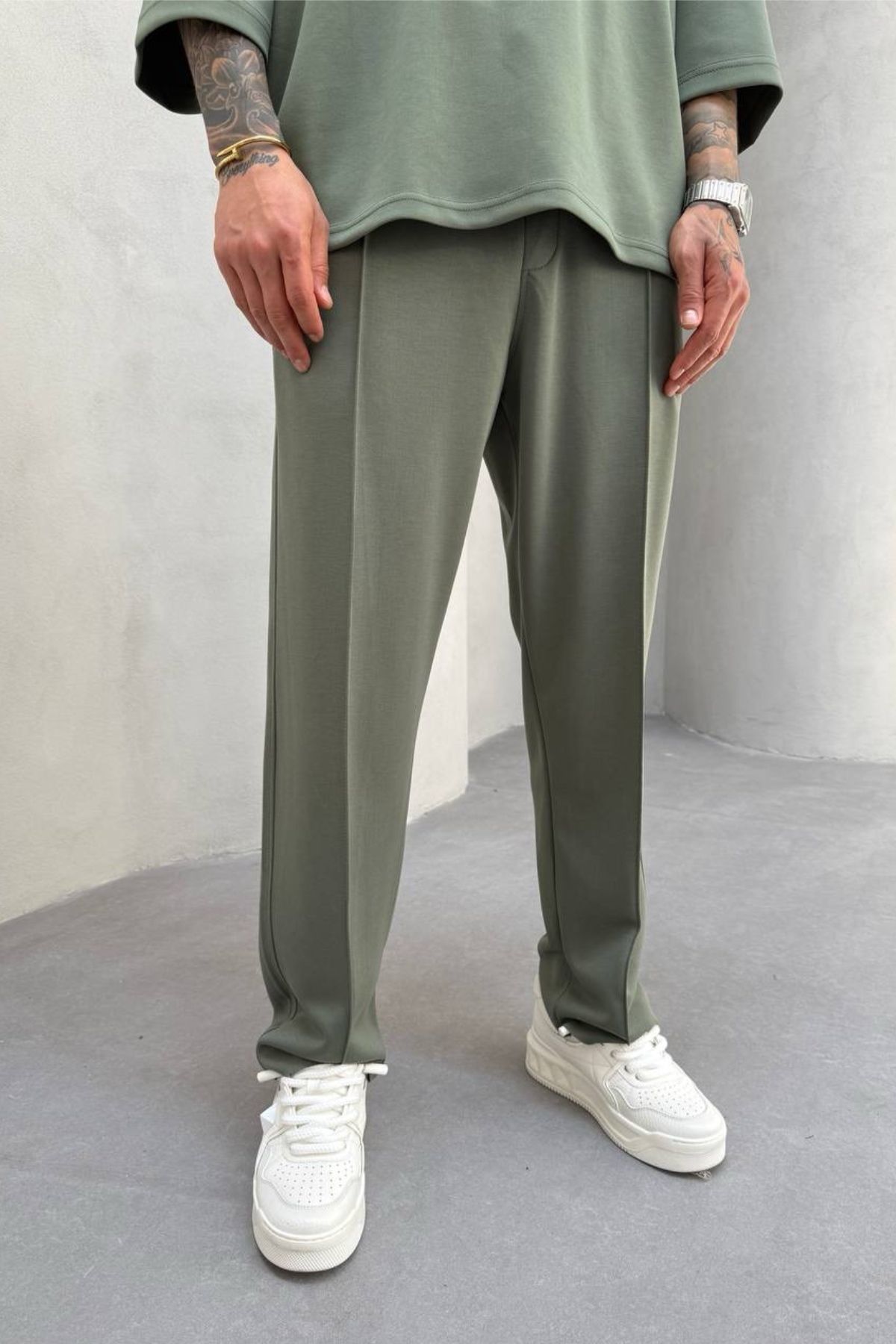 MADZEYMODA Erkek Oyaho Kumaş Yeşil Baggy Kalıp Jogger Pantolon KE-7012