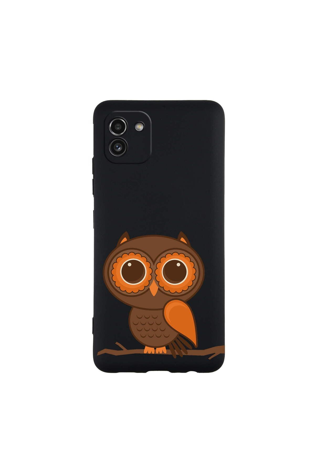 PrintiFy Samsung Galaxy A03 ile Uyumlu Baykuş (0214a) Tasarımlı Siyah Lansman Silikon Kılıf