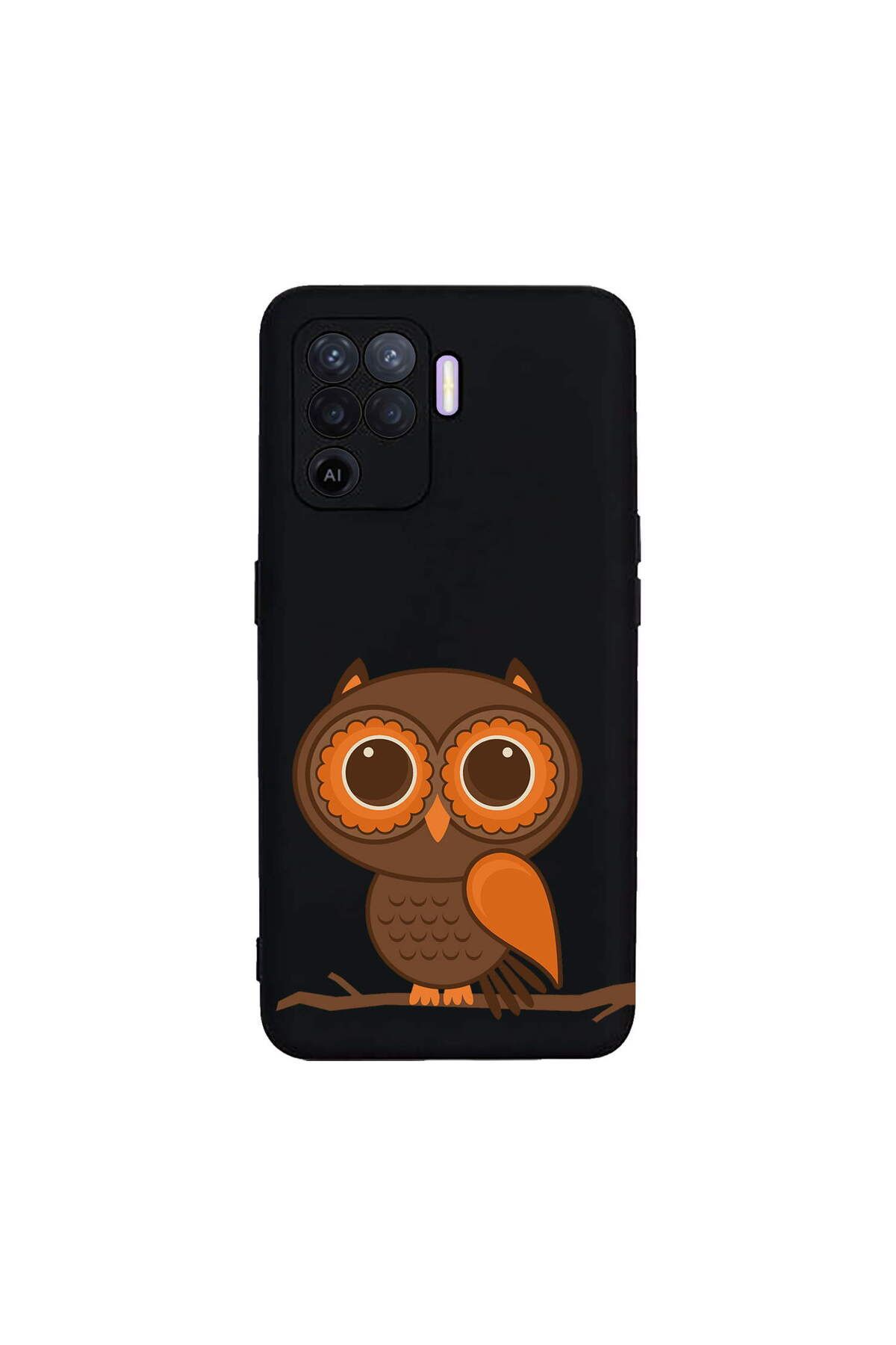 PrintiFy Oppo Reno 5 Lite ile Uyumlu Baykuş (0214a) Tasarımlı Siyah Lansman Silikon Kılıf