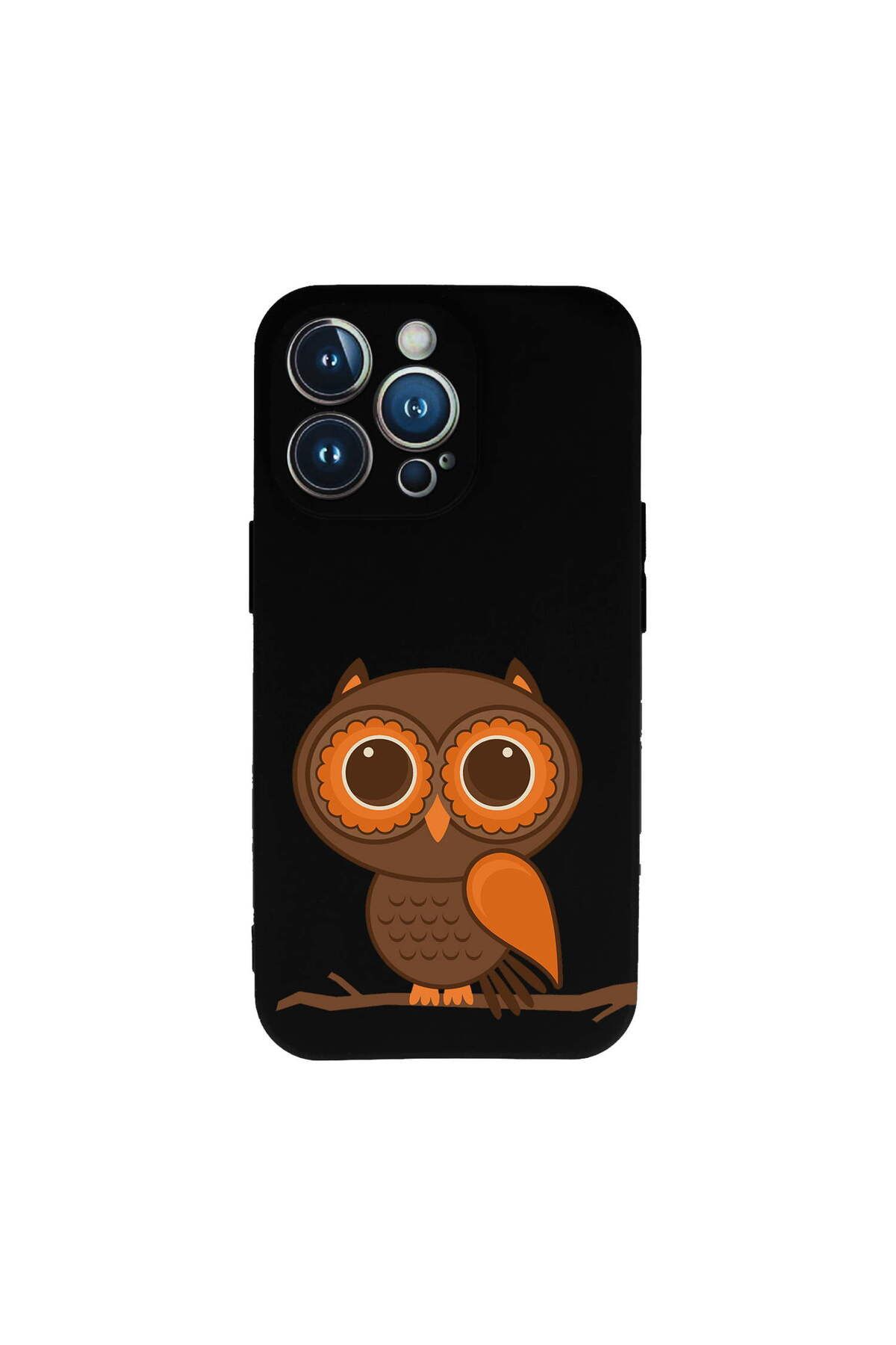 PrintiFy iPhone 13 Pro ile Uyumlu Baykuş (0214a) Tasarımlı Siyah Lansman Silikon Kılıf