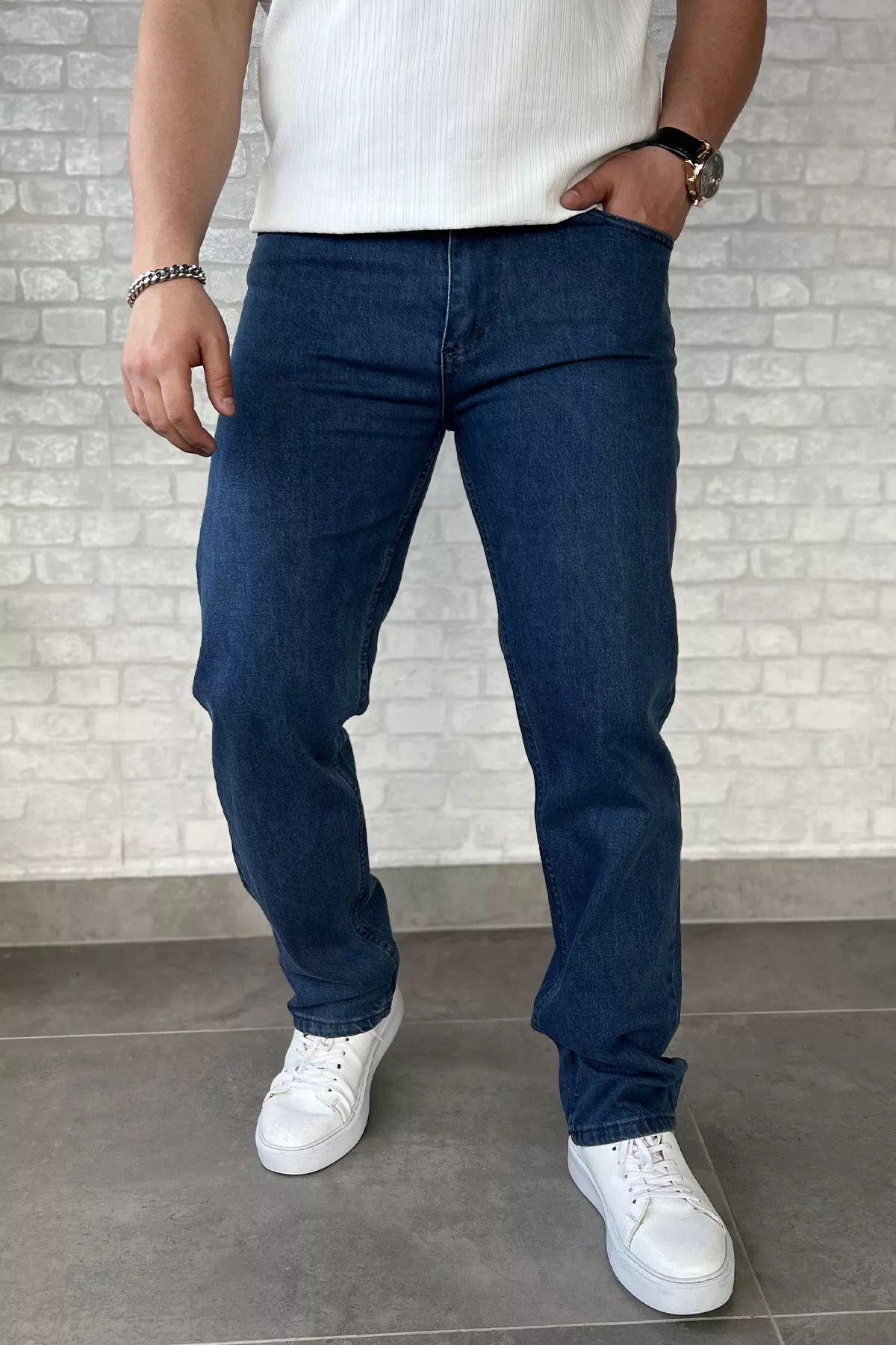 MİSHAR İTALİA Mavi Erkek Fermuarlı Likralı Jean Kot Pantolon
