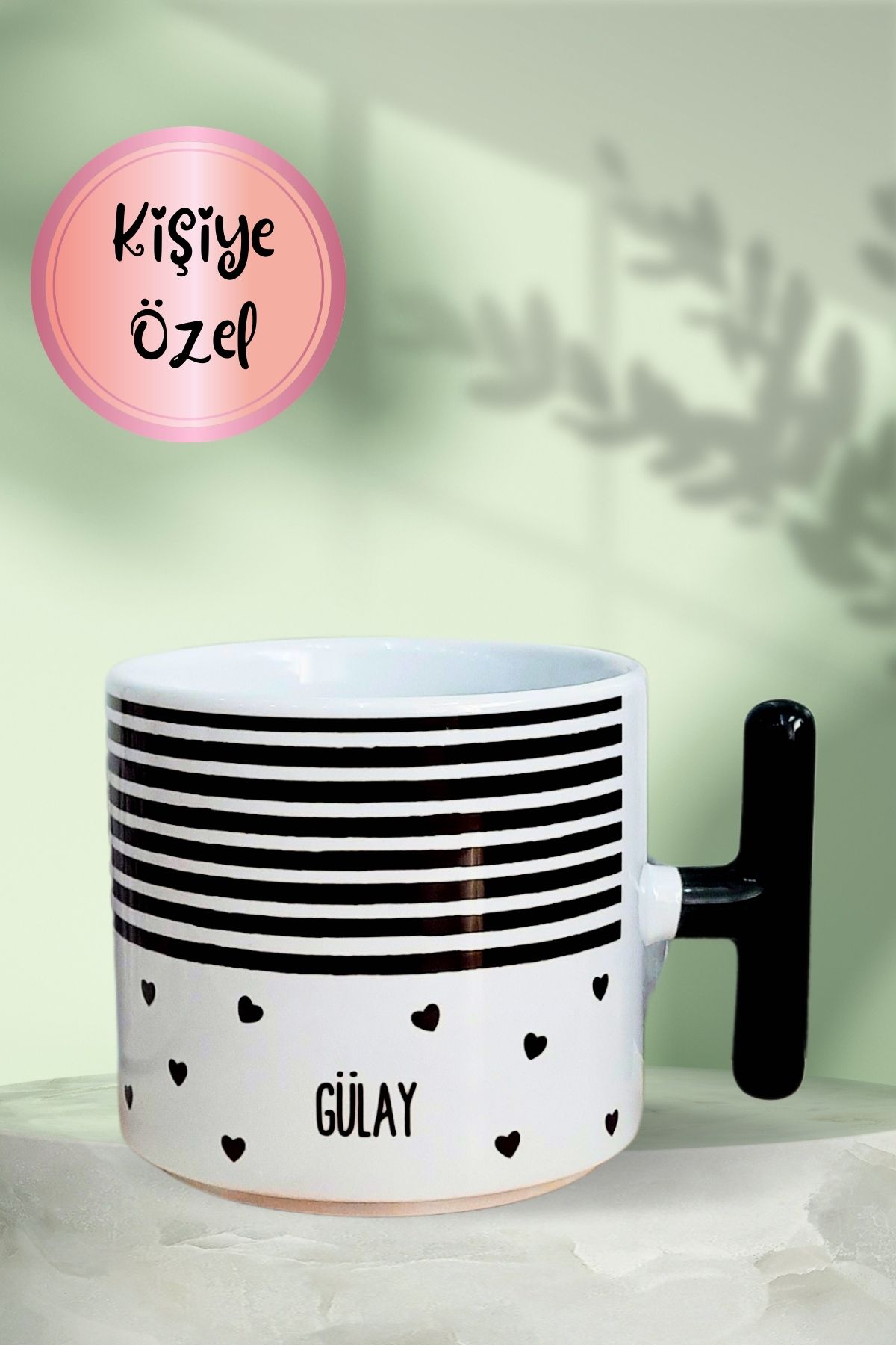 Burak Baskı Tasarım Kişiye Özel Siyah Çizgi ve Kalpli T-Kulp Anneler Günü-Doğum Sevgililer Günü Hediye Kupa Bardak,Mug