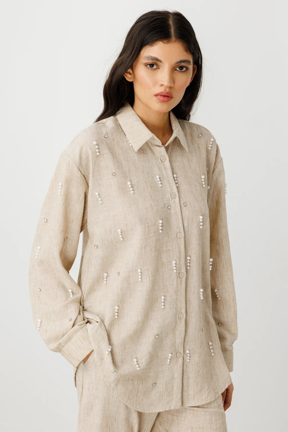 On Fashion On Önü İncili Oversize Gömlek Bej-56538