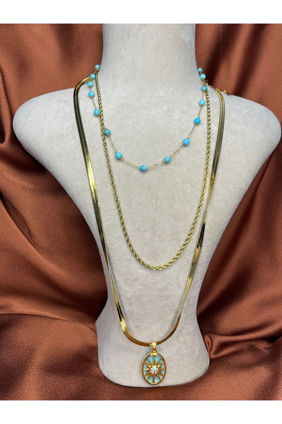 Fam&Co Jewelry Turkuaz Detaylı 3 Katmanlı Gold Kolye Seti