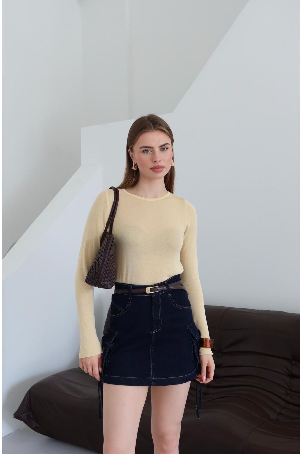 Ekim Store Lacivert Cepli Denim Etek