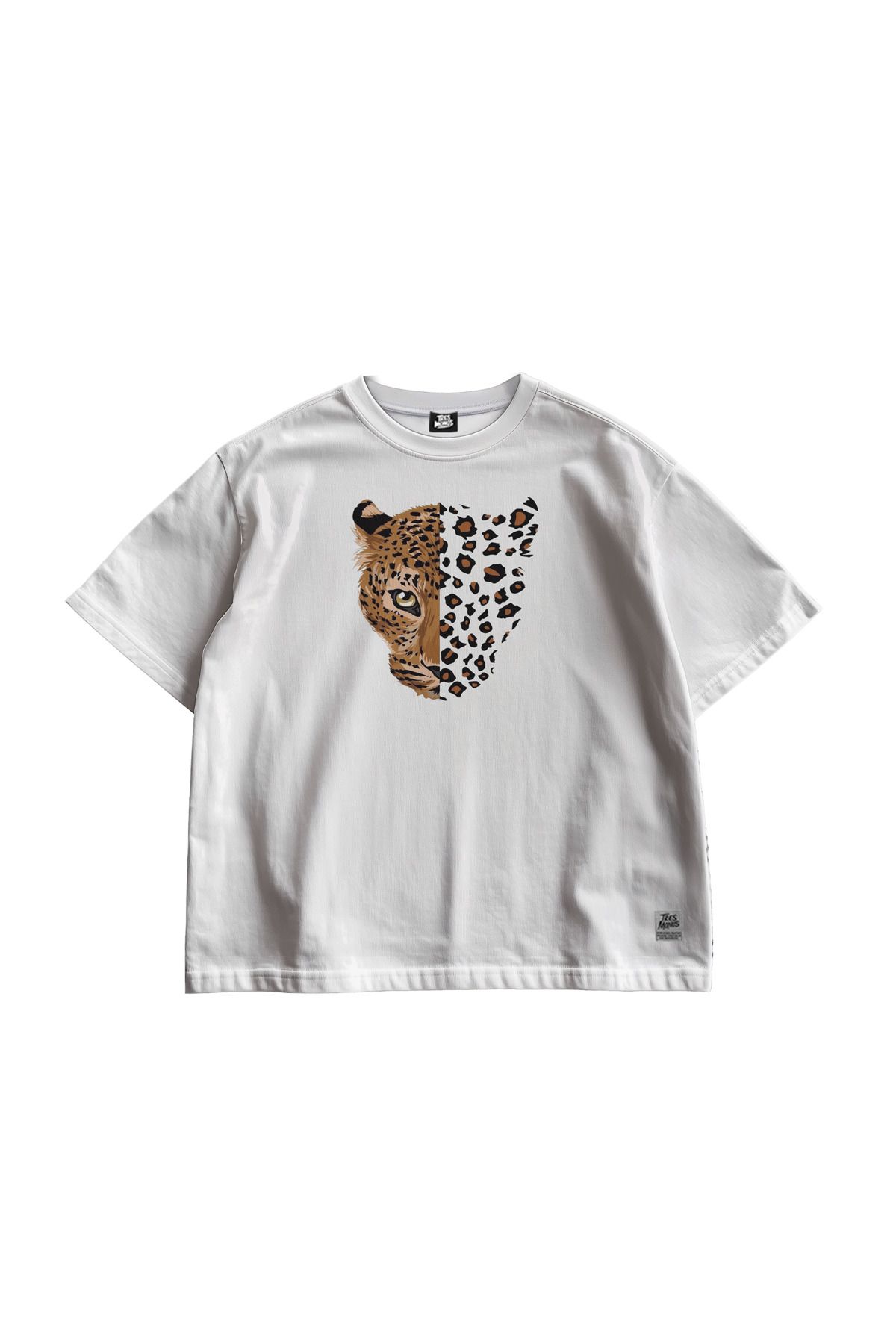 TresMonos Leopar Yüz Baskılı Oversize Kısa Kesim Pamuklu Tişört
