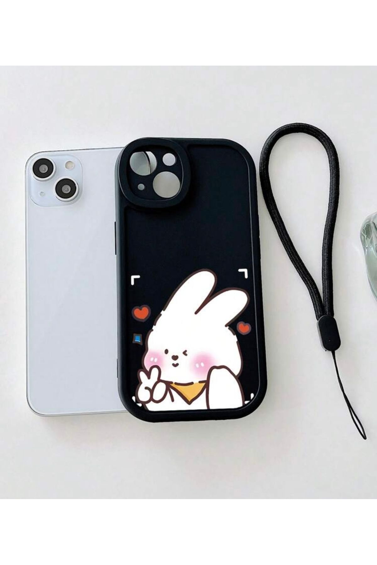 MirazTasarim IPHONE 13 İPLİ SİYAH TAVŞAN DESENLİ KILIF