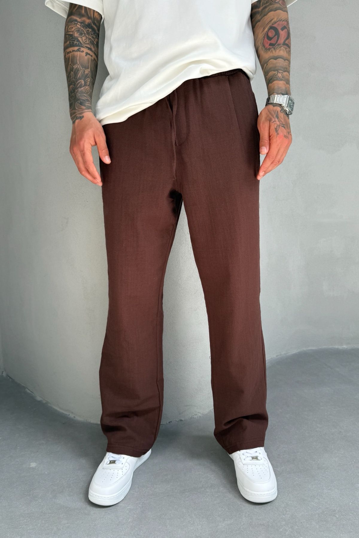 MADZEYMODA Kahverengi Baggy Kalıp Erkek Keten Pantolon KE-7014