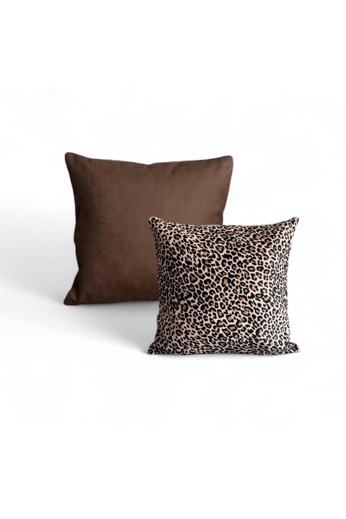 Doryan Home Flat&Leopar - Suni Nubuk Deri Süet Kare Kırlent Kılıf - 2'li Kombin Set - 50x50 45x45 Koyu Kahve Bej