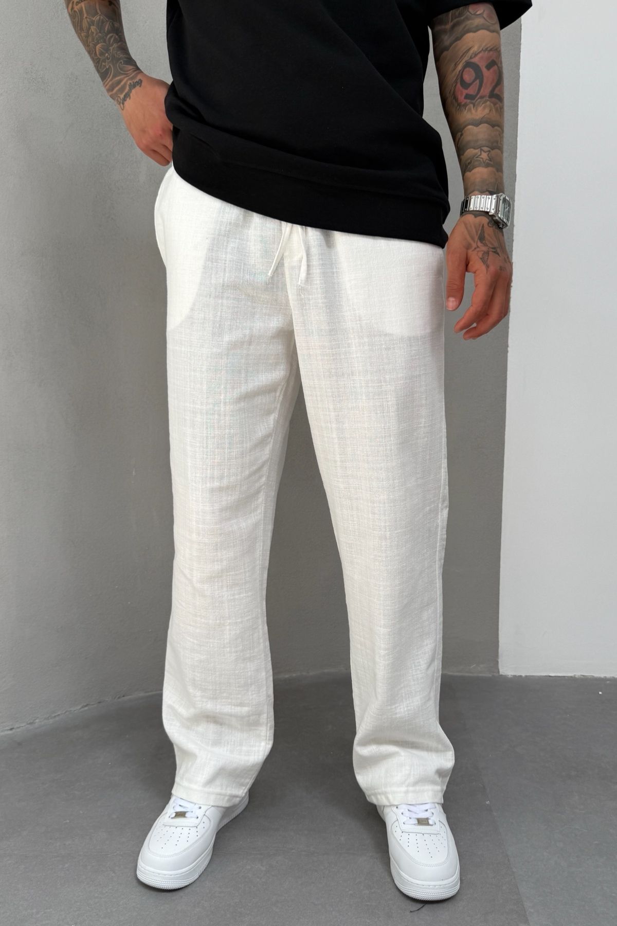 MADZEYMODA Beyaz Baggy Kalıp Erkek Keten Pantolon KE-7014