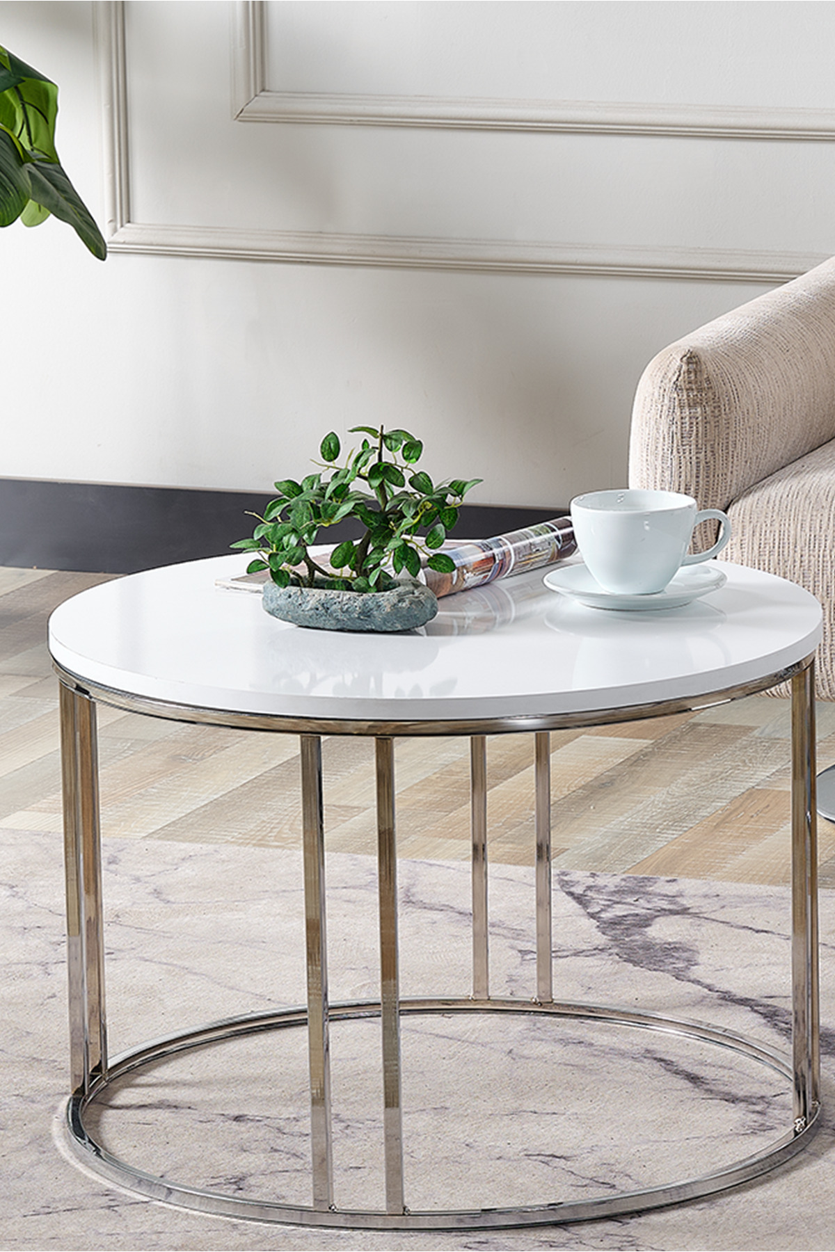 Salon Orta Sehpa BEYAZ SUNTALAM (Gümüş) Metal Ayak Orta Sehpa