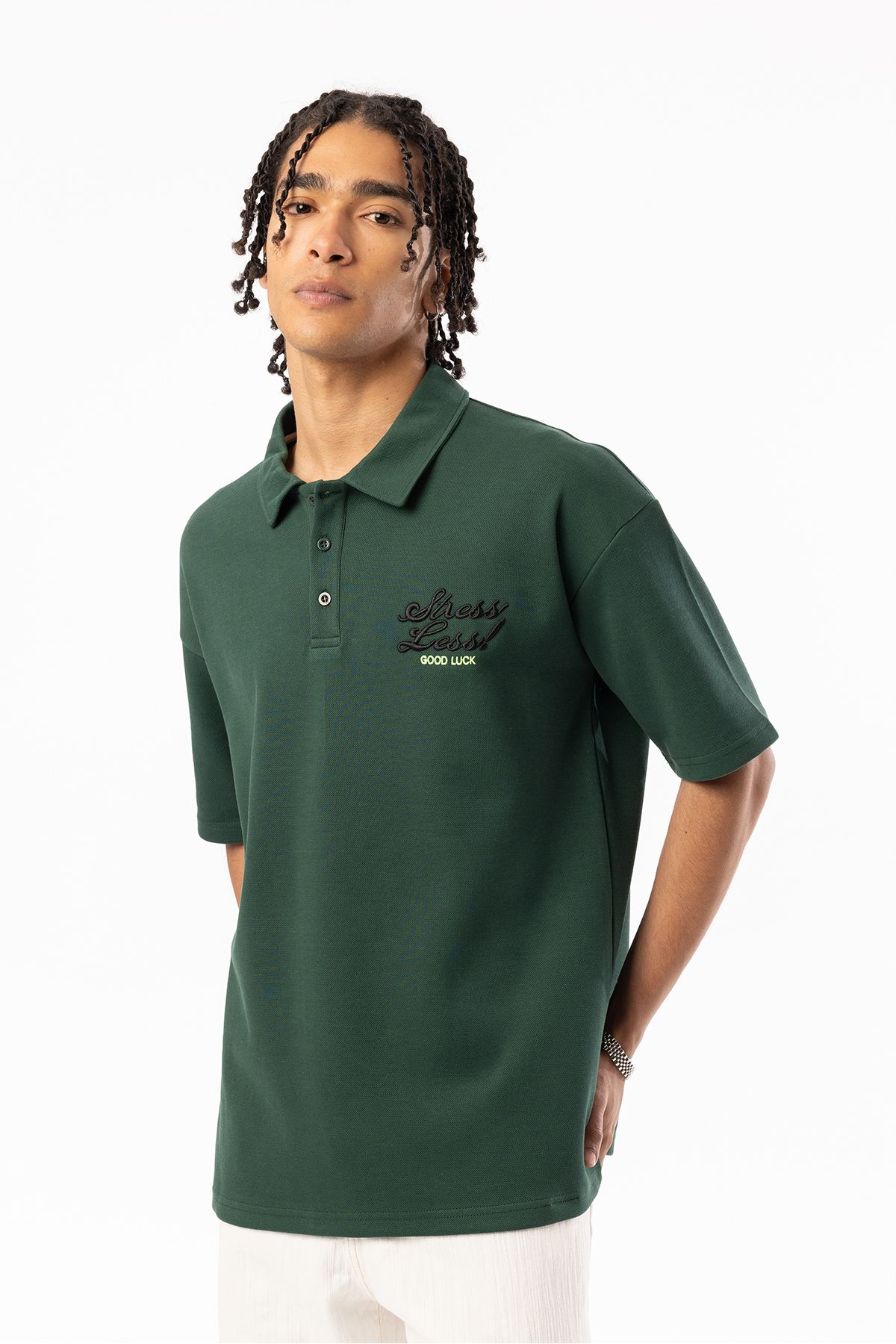EGHO Göğüs Stress Less! GOOD LUCK Nakışlı Double Pike Kumaş Erkek Polo Yaka Oversize Tişört
