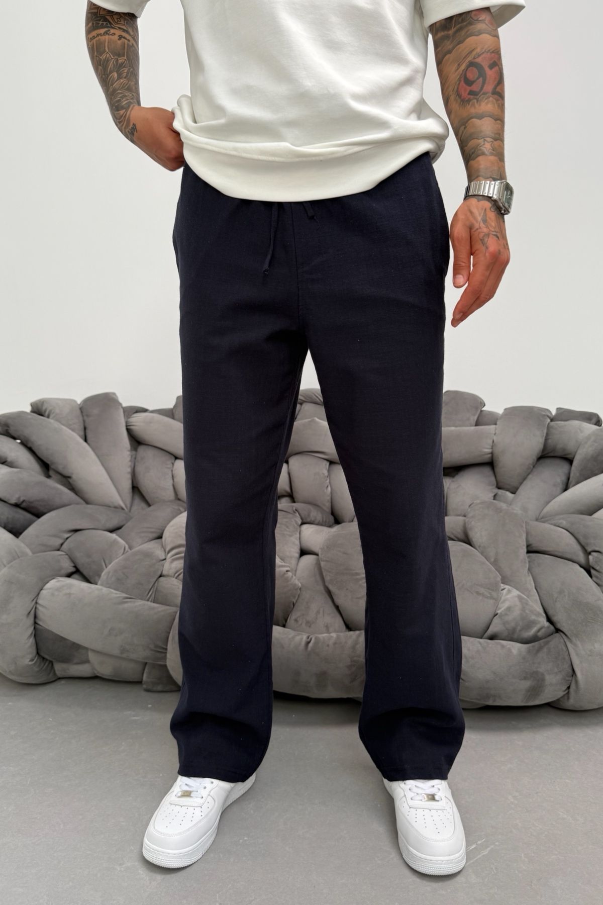 MADZEYMODA Lacivert Baggy Kalıp Erkek Keten Pantolon KE-7014