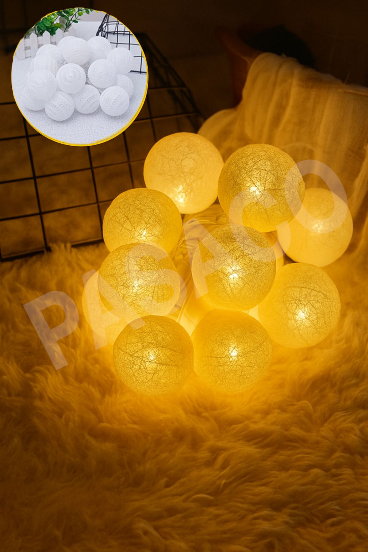 PASACO Koton Top Dizeleri Ramazan Bayramı Işığı Süsü Günışığı Led Işık 2 Metre 10 Toplu Pilli Sarı Ledli