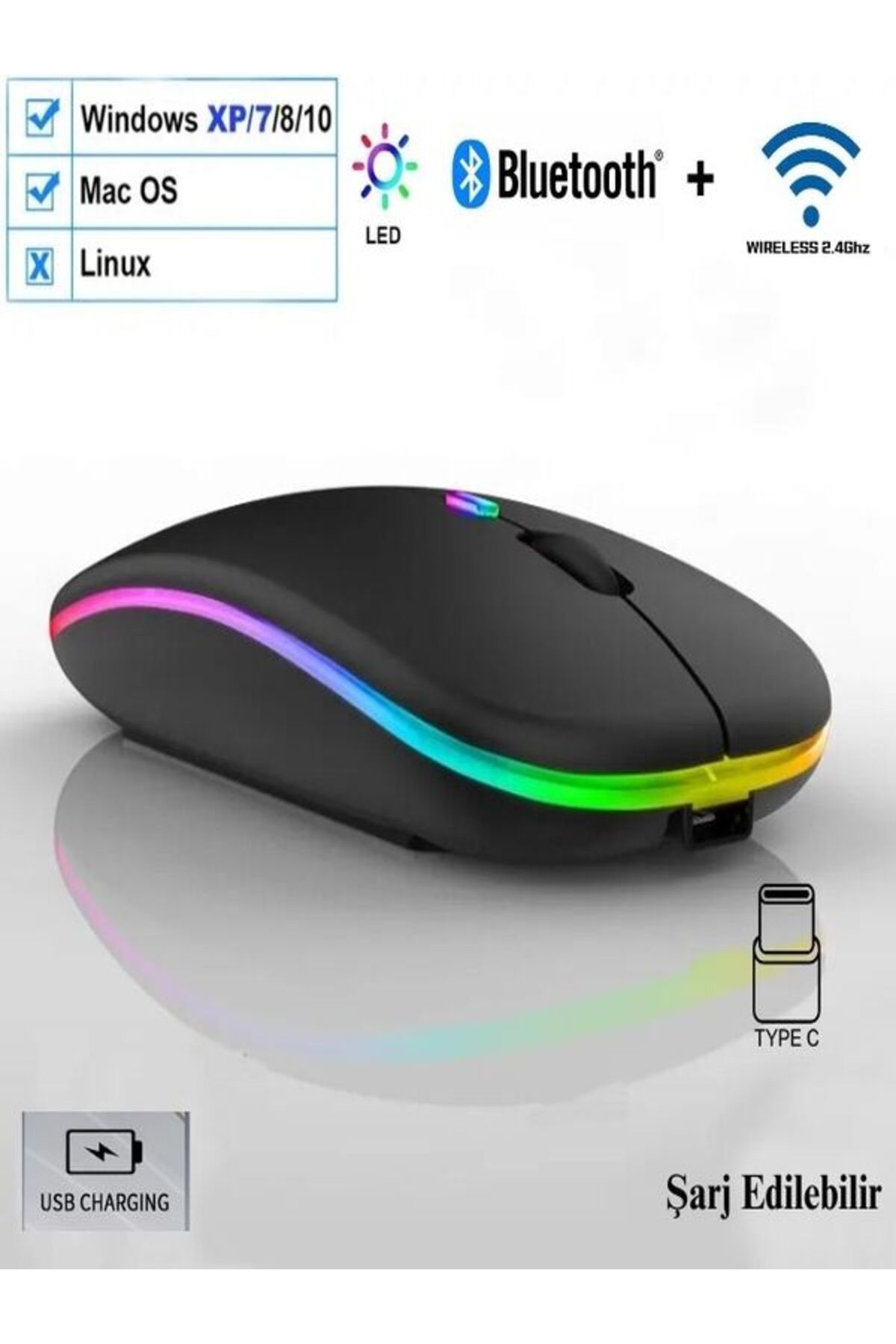 MetaForce Kablosuz Fare Bluetooth Mouse TypeC Şarjlı Sessiz Mac Windows Telefon Tablet Uyumlu 1600 DPI 600mA