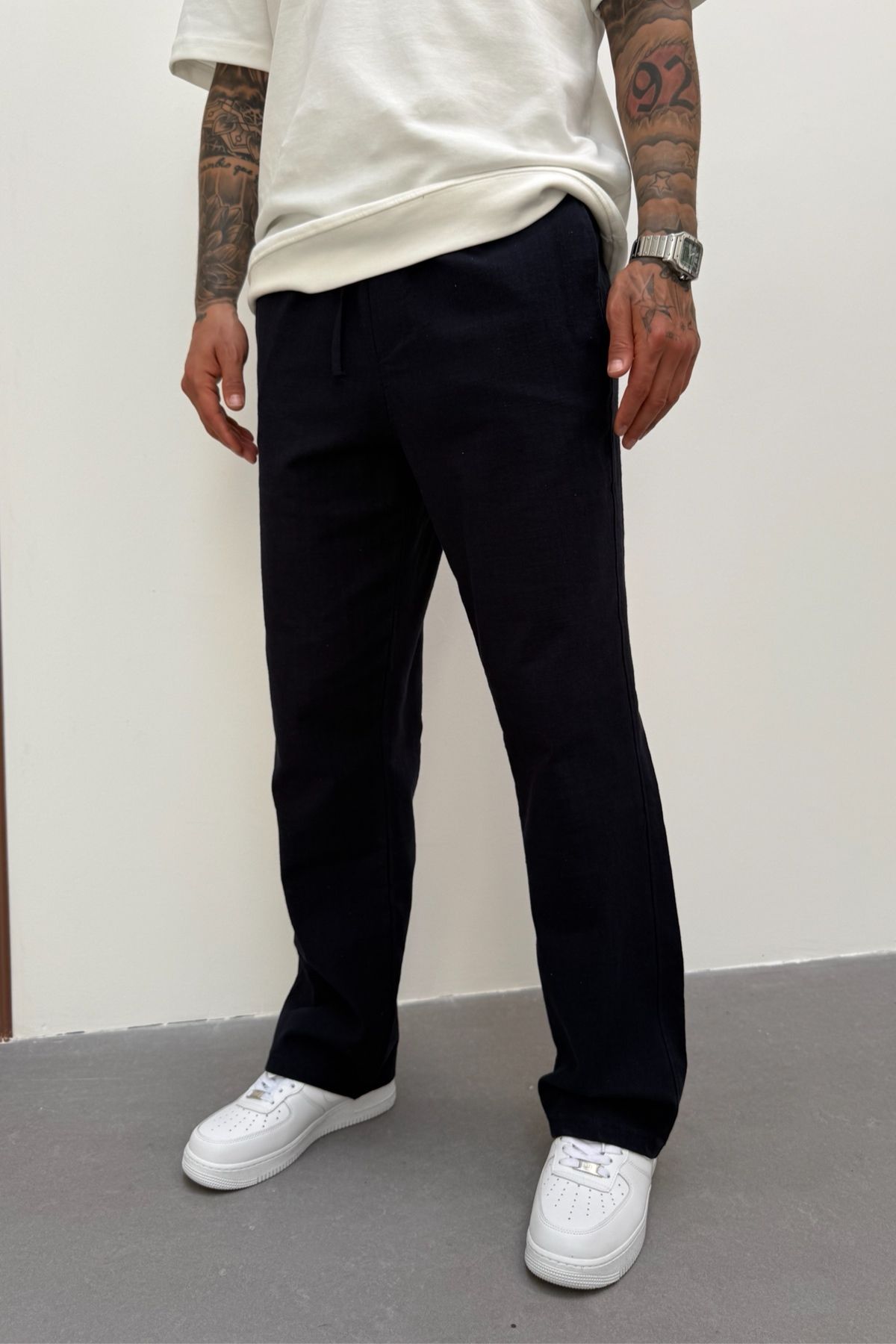 MADZEYMODA Siyah Baggy Kalıp Erkek Keten Pantolon KE-7014