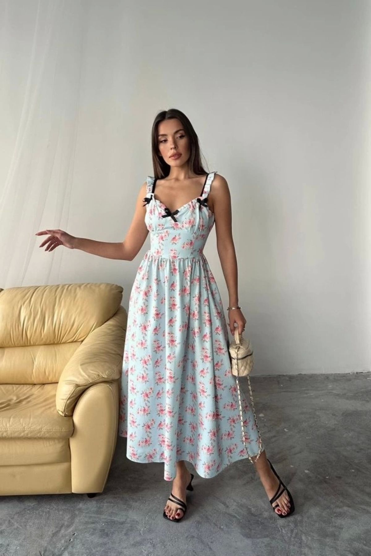 nedo7 Bebe Mavi Önü Fiyonklu Çiçekli Elbise