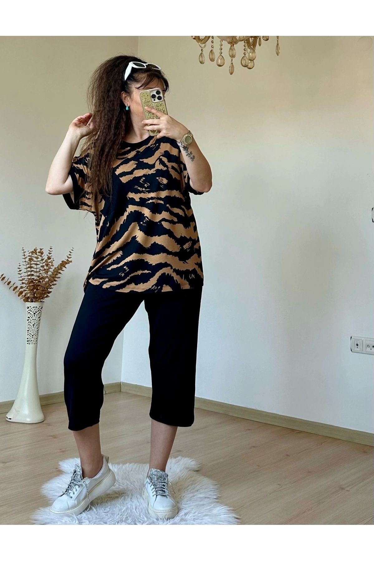 azra moda Kısa Kol Kahve Baskı Desen takım