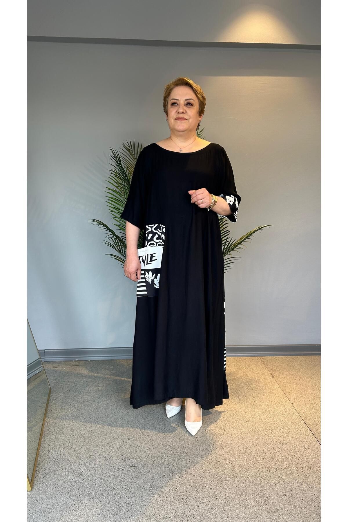 selma Büyük Beden İşlemeli Viskon Elbise