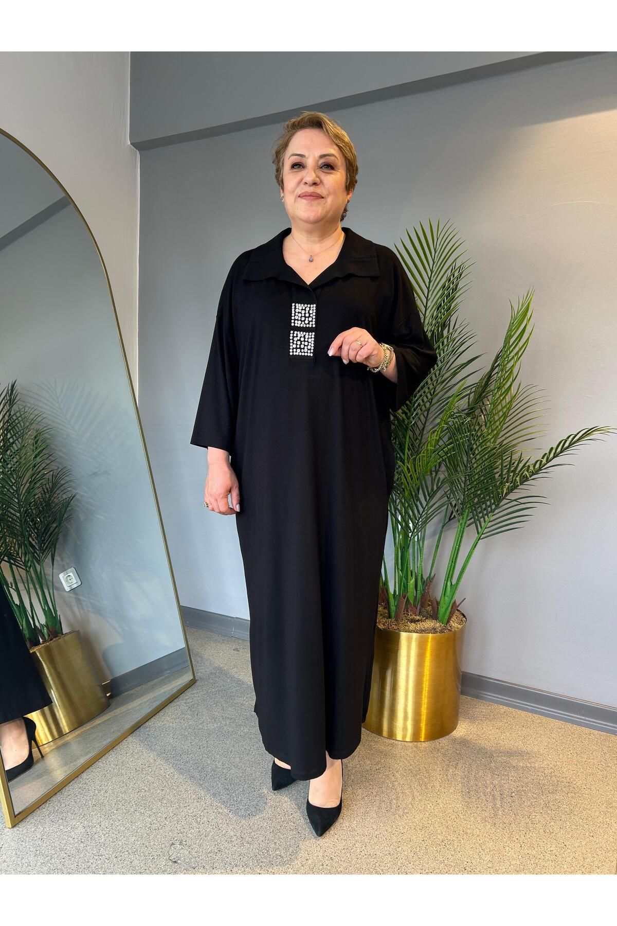 selma Büyük Beden Taş İşlemeli Viskon Elbise