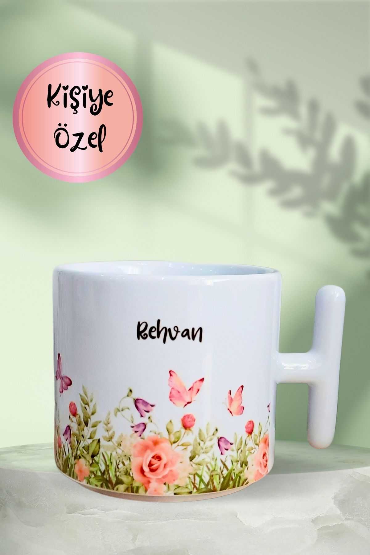 Burak Baskı Tasarım Kişiye Özel Renkli Çiçek ve Kelebekler Anneler Günü-Doğum Sevgili T-Kulp Hediye Kupa Bardak,Mug