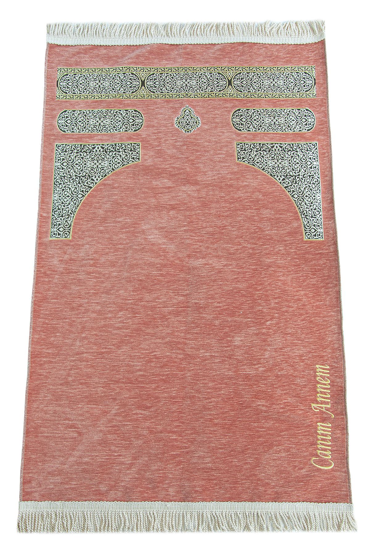 ihvanonline Anneler Günü Hediyesi Nakış İşlemeli Kabe Desenli İsimli Şönil Seccade - Pembe