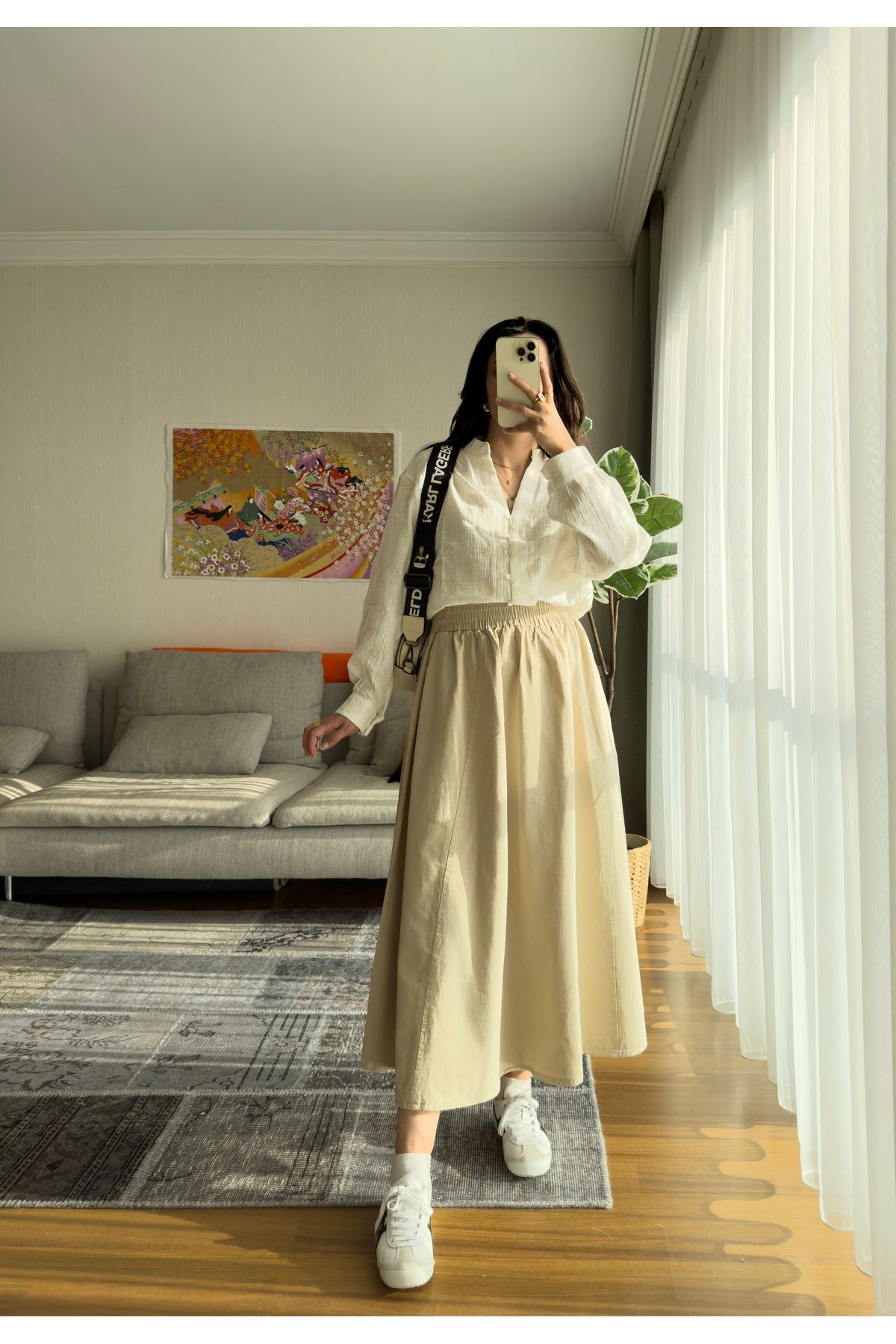 miyuko Kadın Yüksek Bel Gabardin Cepli Uzun Etek - Ekru Rahat Kesim Günlük