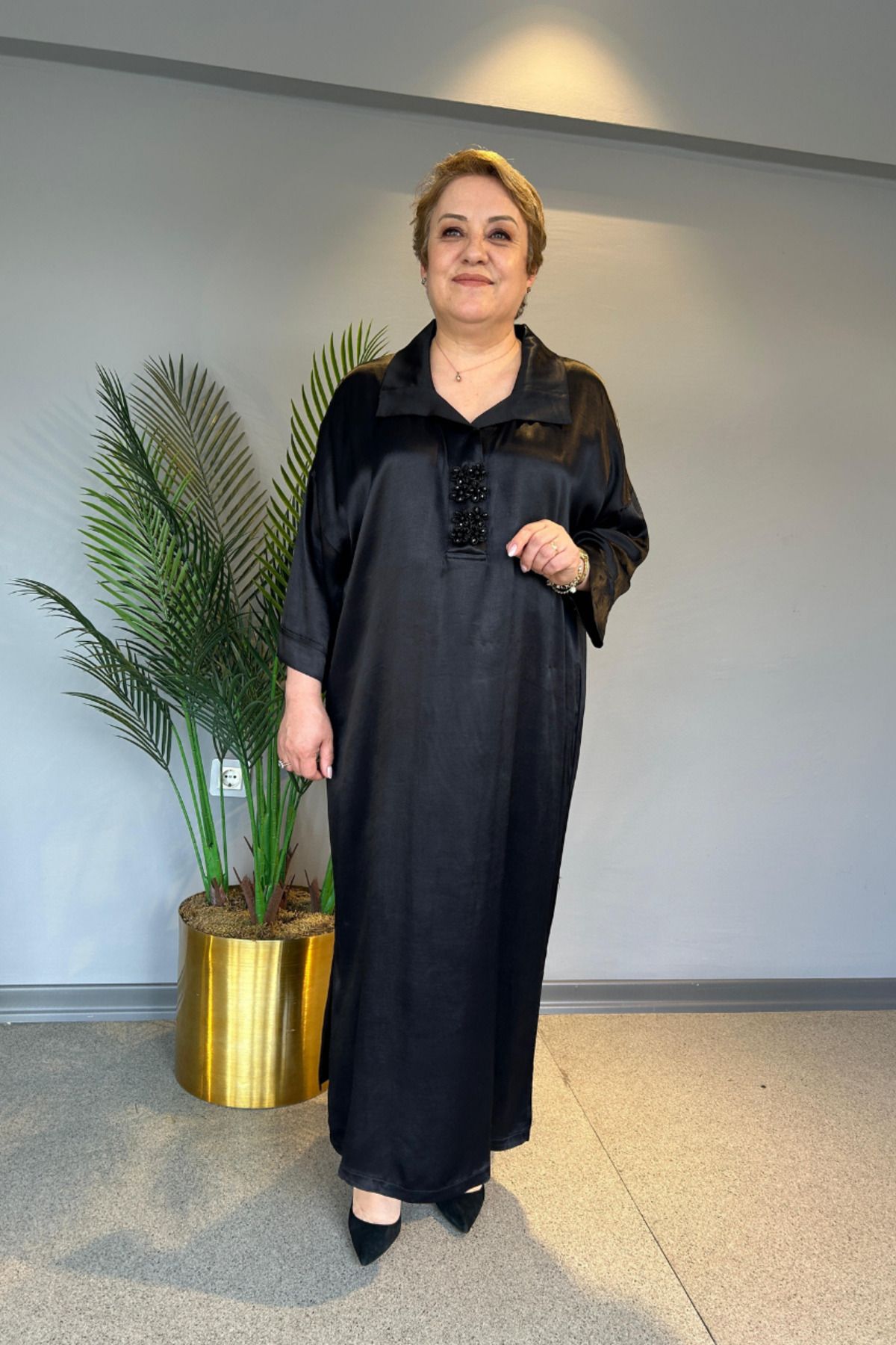 selma Büyük Beden Taş İşlemeli Saten Elbise