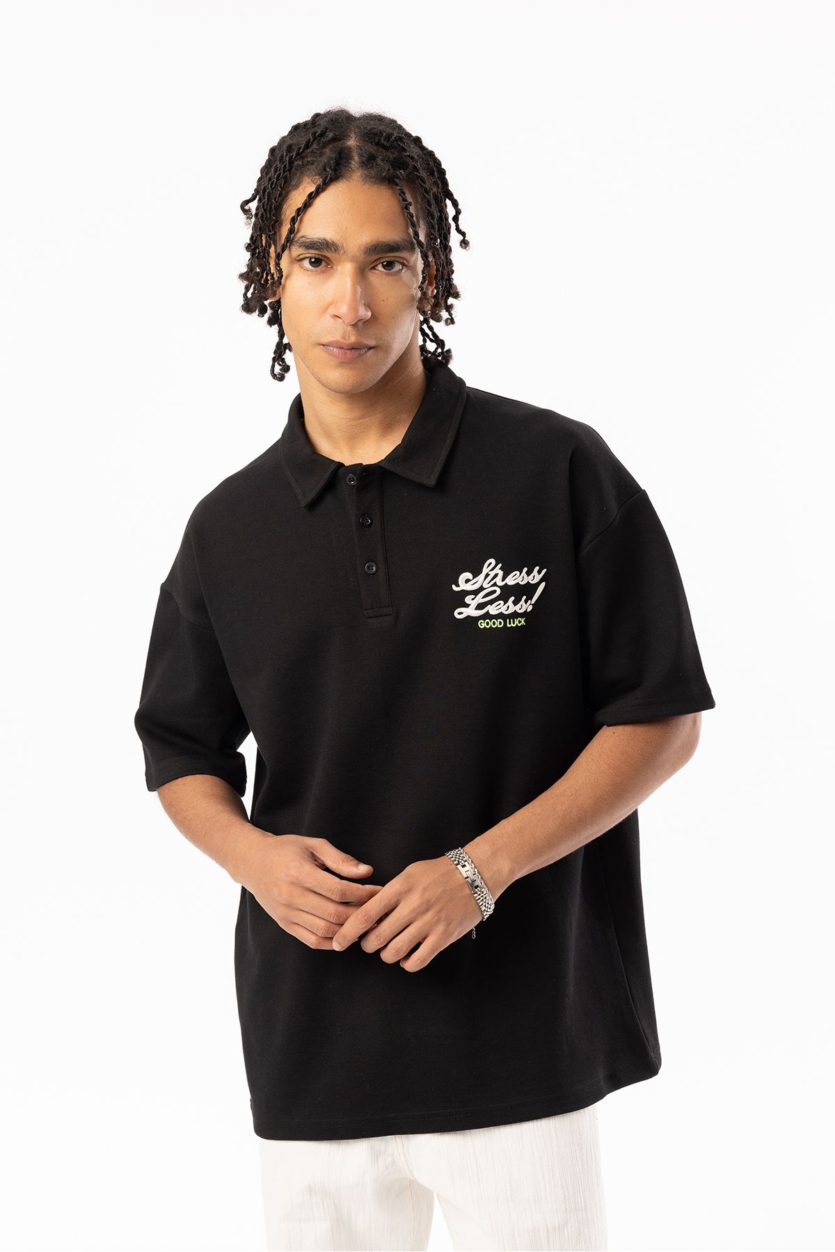 EGHO Göğüs Stress Less! GOOD LUCK Nakışlı Double Pike Kumaş Erkek Polo Yaka Oversize Tişört