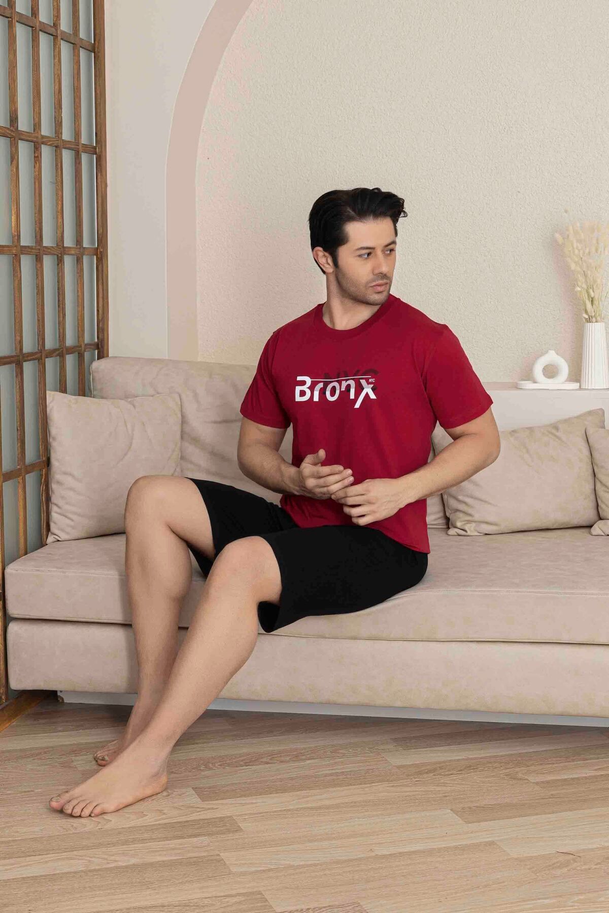 Tarık Erkek Bordo Kısa Kol Şort Penye Pijama Takımı