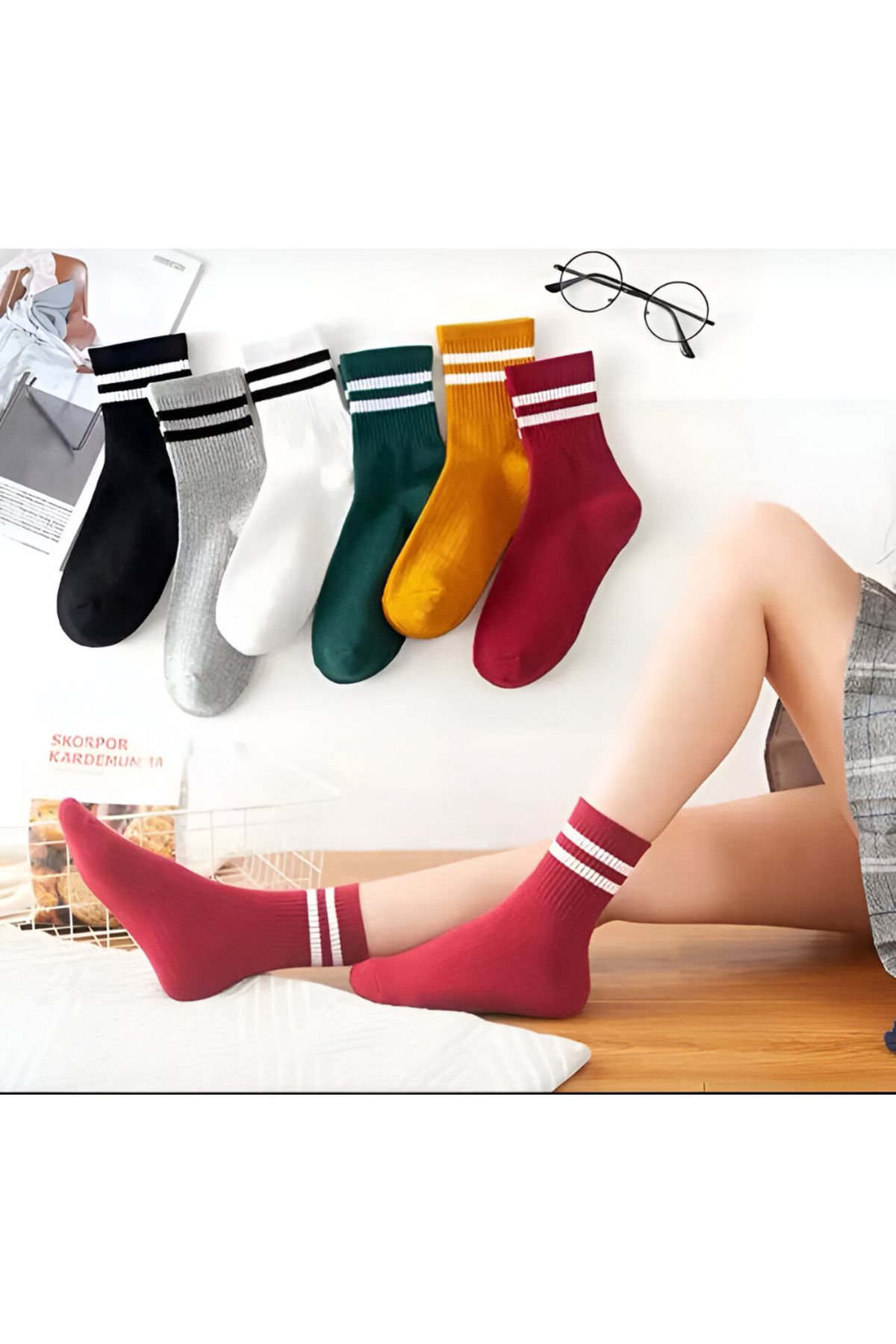 AyganStore Kolej Çorap 6' Lı Kolej Çok Renkli Çizgili Tenis Çorabı