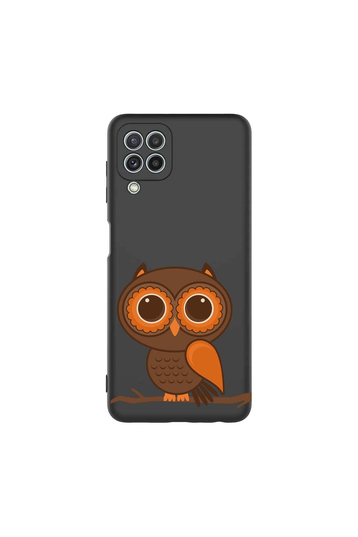 PrintiFy Samsung Galaxy A22 ile Uyumlu Baykuş (0214a) Tasarımlı Siyah Lansman Silikon Kılıf