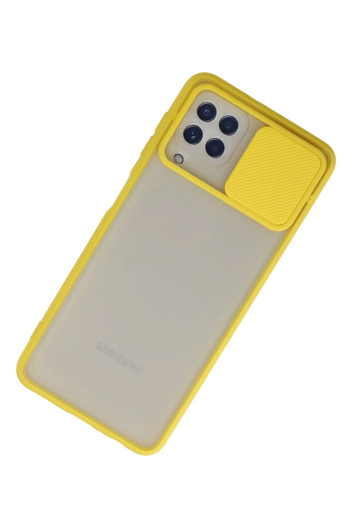 NewFace Samsung Galaxy A22 Kılıf Palm Buzlu Kamera Sürgülü Silikon - Sarı SVLRS