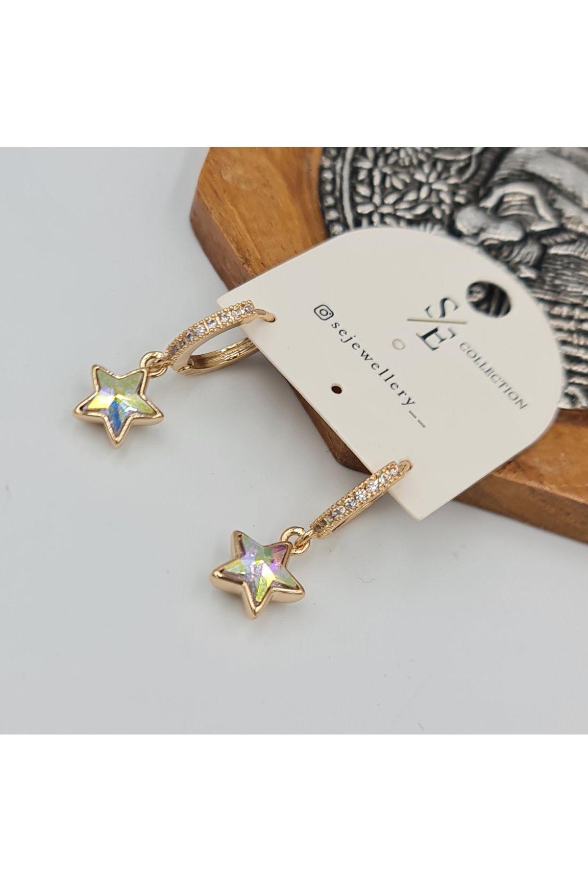 SE Jewellery Collection Selin Ersoy Rose Renk Hologram Yıldız Sallantılı Zirkon Taşlı Kadın Halka Küpe Xuping Suya Dayanıklı