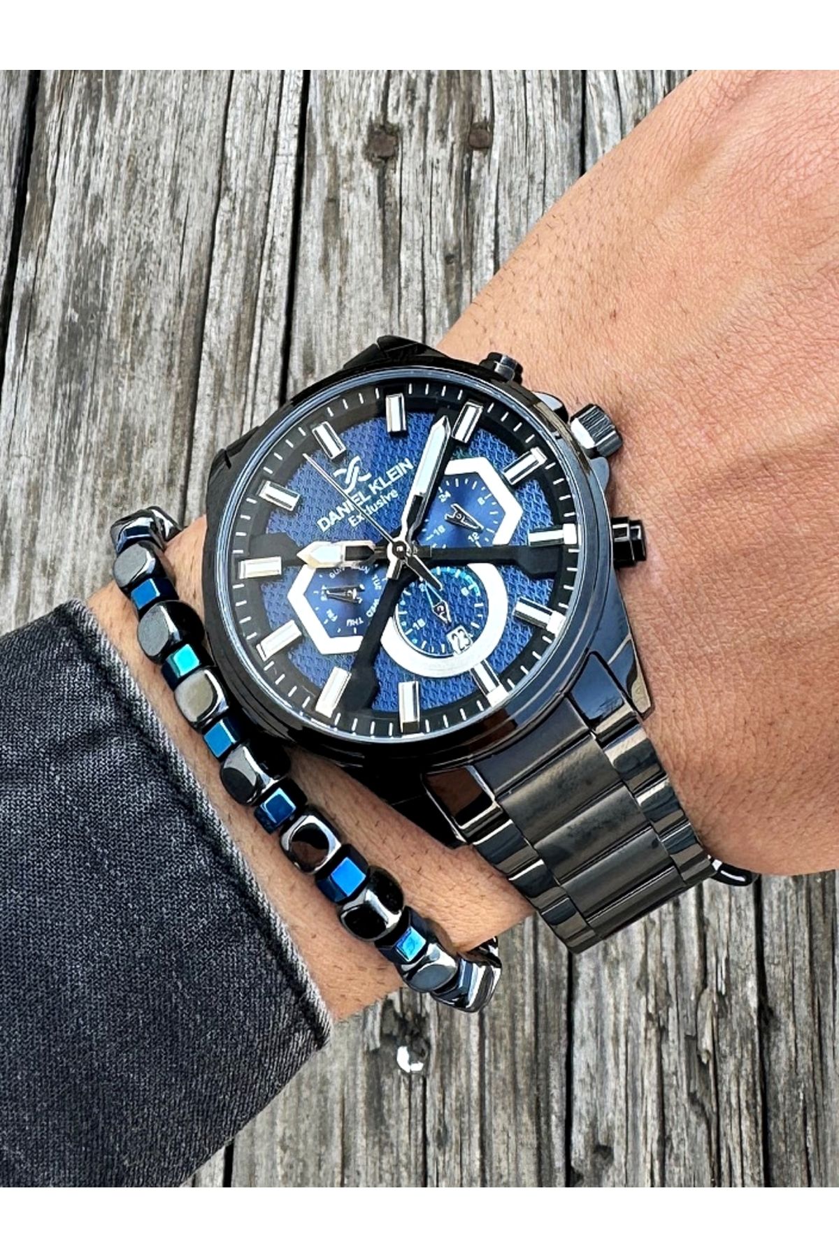 Daniel Klein Exclusıve Fonksiyonlu Çelik Kordon 2 Yıl Garantili Erkek Kol Saati Doğal Taş Bileklik Dkl11