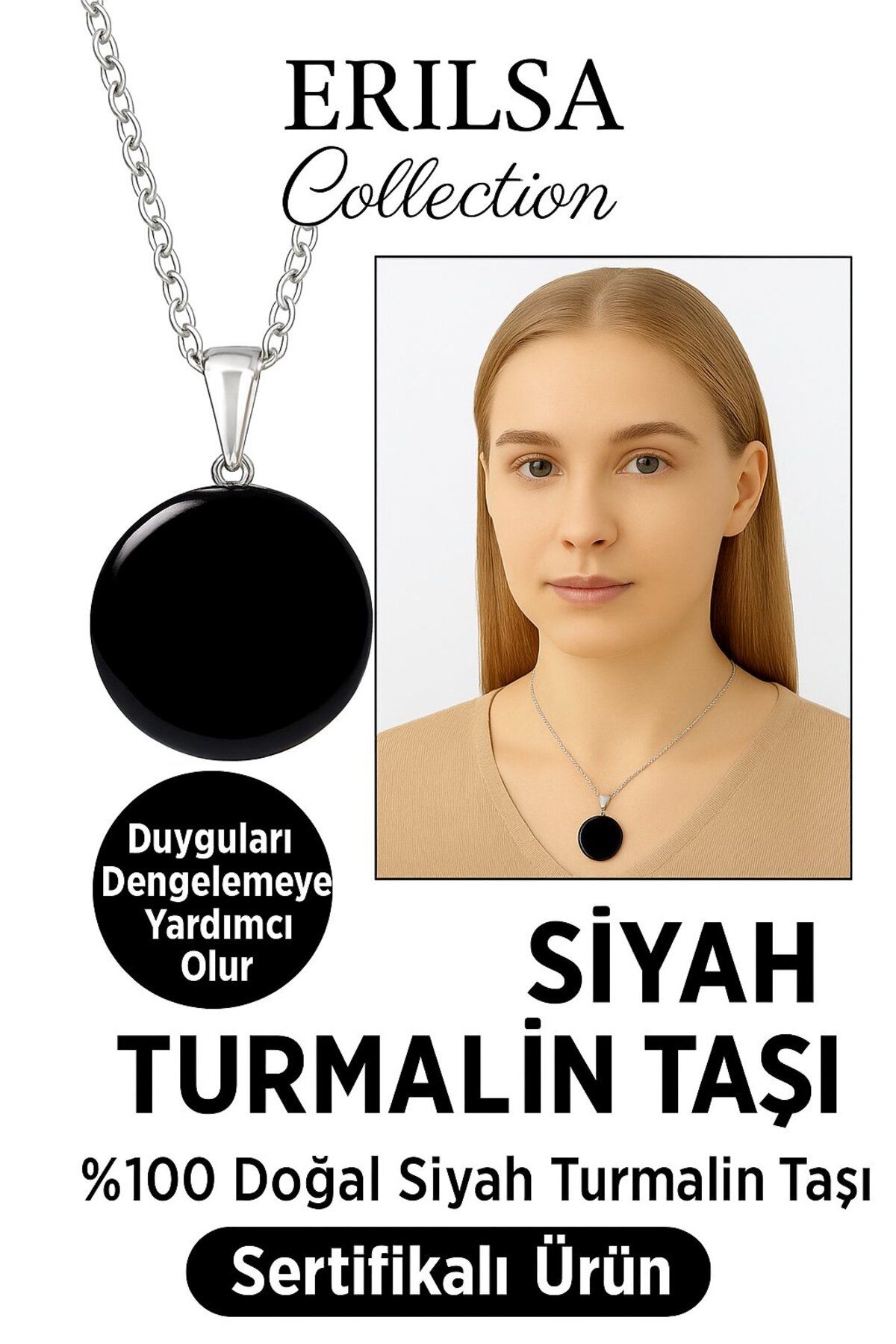 Erilsa Sertifikalı Para Model Siyah Turmalin Taşı Kolye – Koruma ve Topraklama