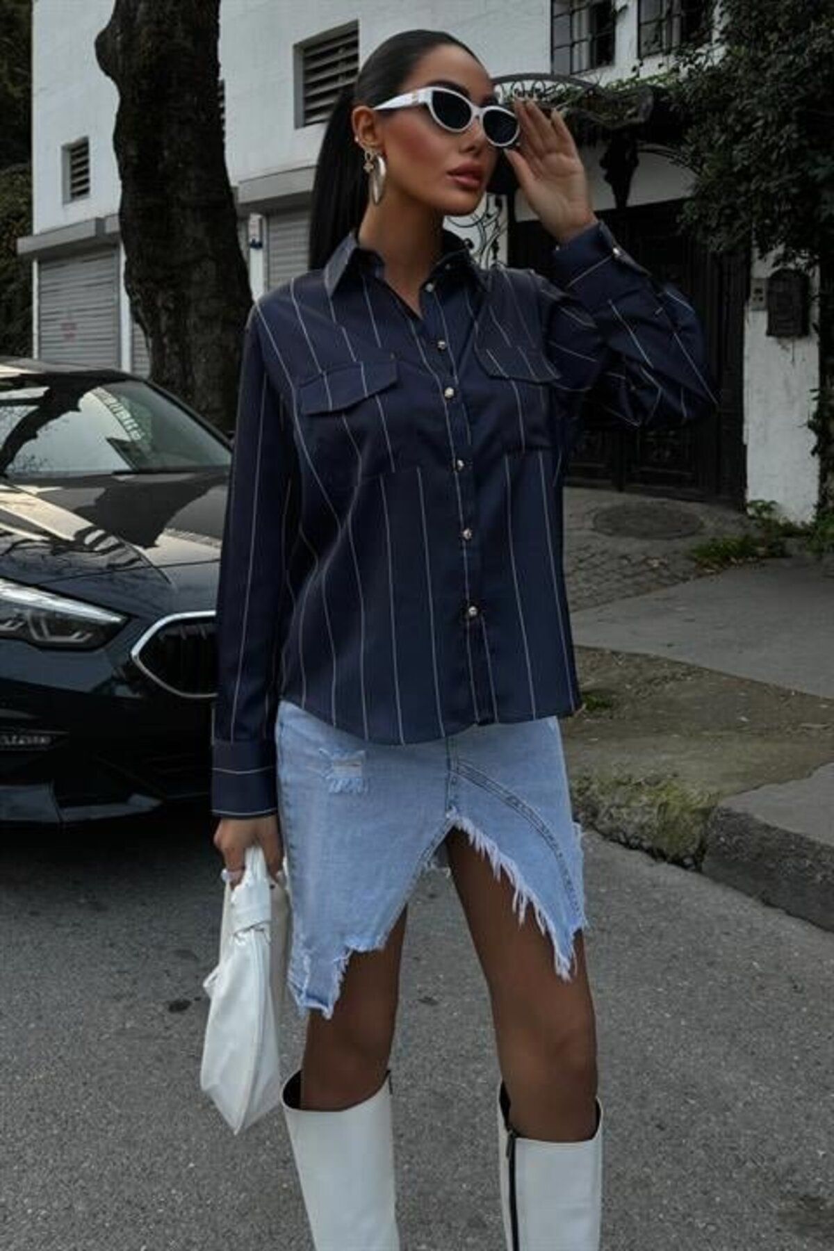 velmorafashion Saten Premium Çizgili Gömlek 3411