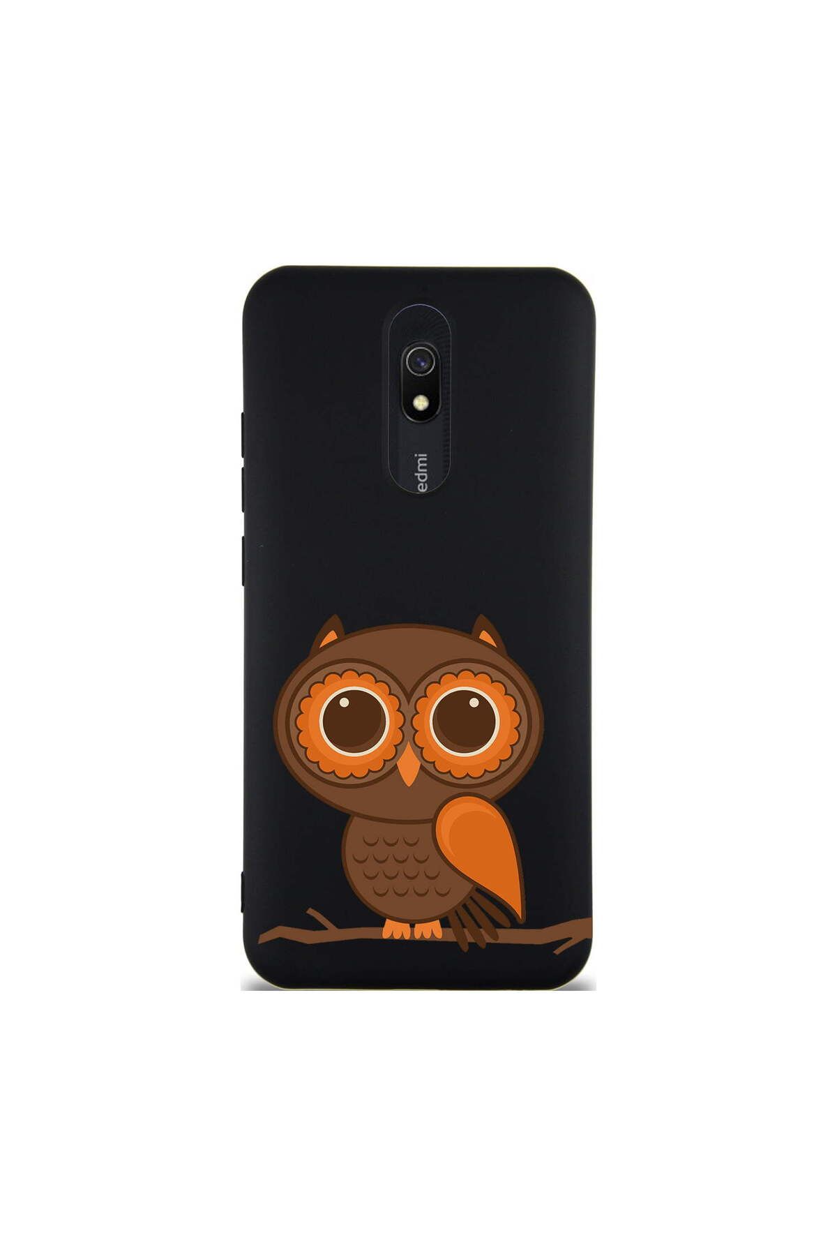 PrintiFy Xiaomi Redmi 8A ile Uyumlu Baykuş (0214a) Tasarımlı Siyah Lansman Silikon Kılıf