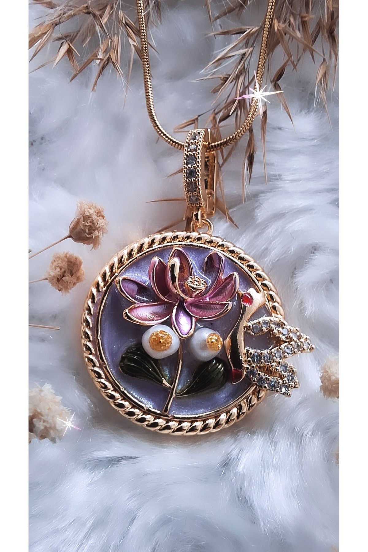 Serenity Çiçek Kuş Figürlü Gerçek İncili Mor Mine Sanat Çelik Kolye