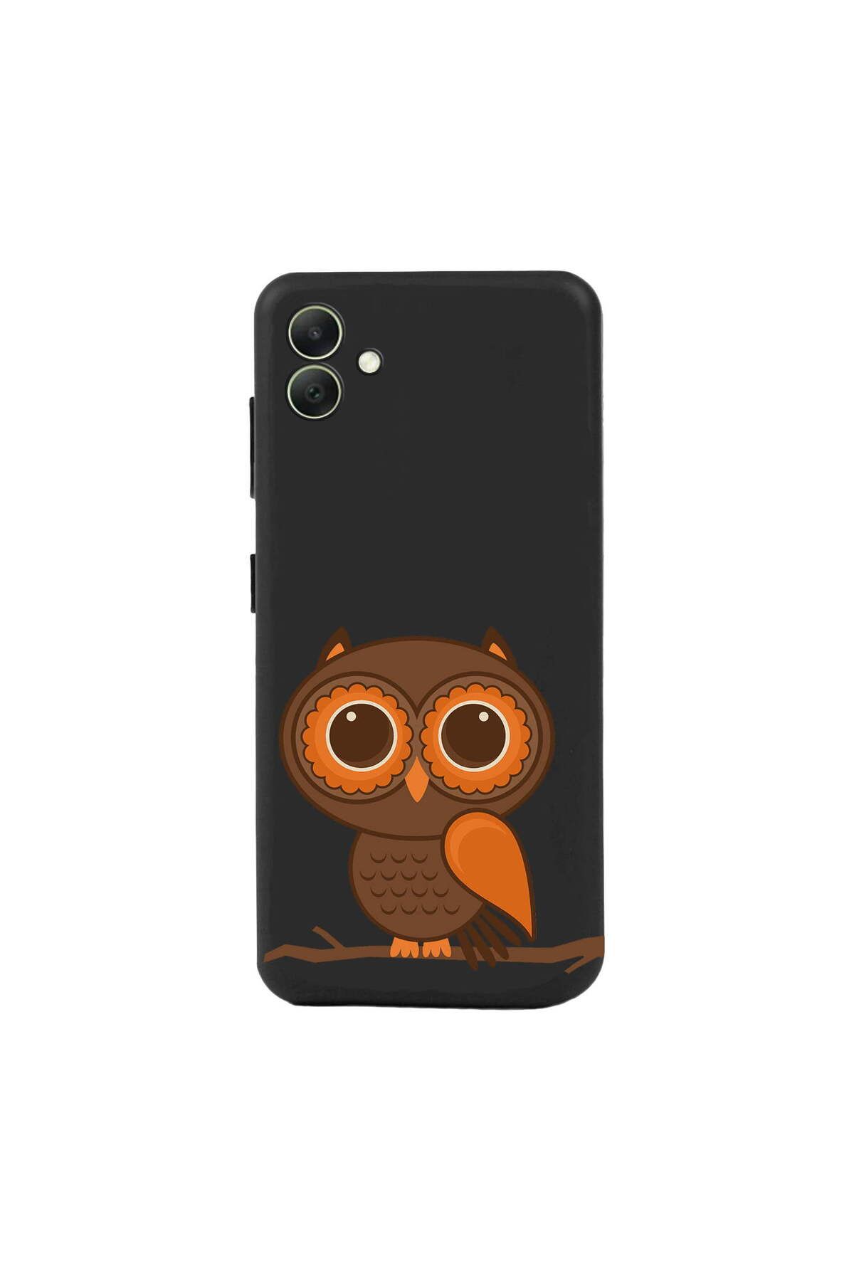 PrintiFy Samsung Galaxy A05 ile Uyumlu Baykuş (0214a) Tasarımlı Siyah Lansman Silikon Kılıf