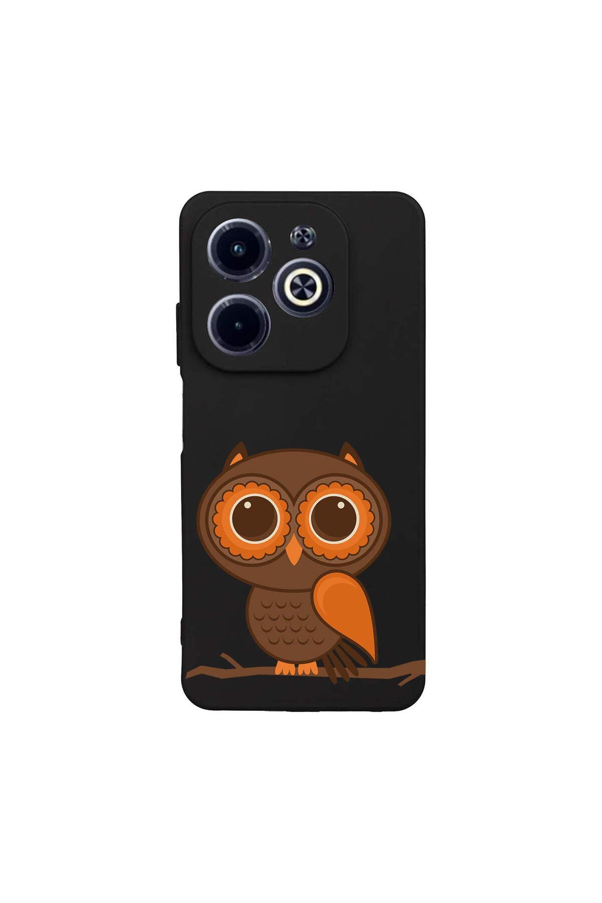 PrintiFy Infinix Hot 40i ile Uyumlu Baykuş (0214a) Tasarımlı Siyah Lansman Silikon Kılıf