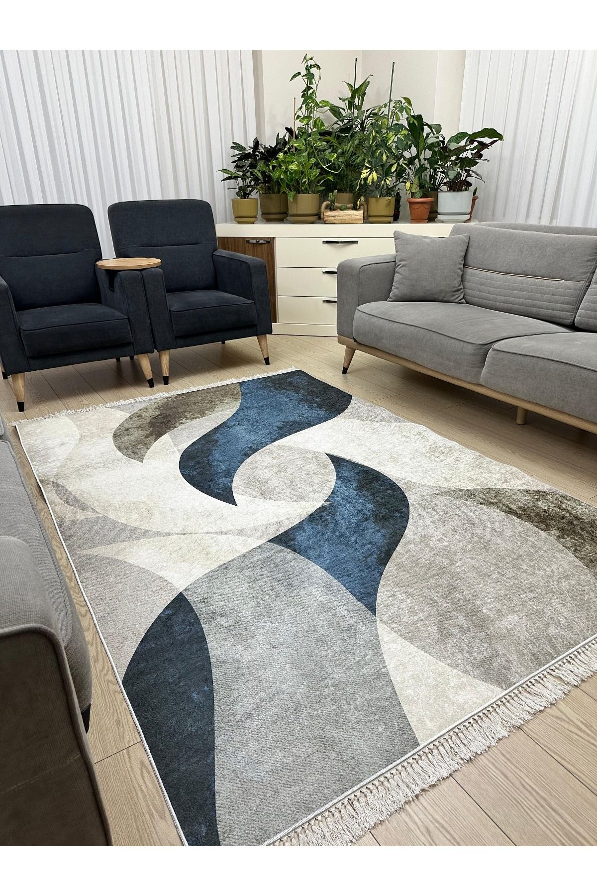 NEU HAUS Makinede Yıkanabilir Mavi Halı Kaymaz Taban Salon ve Oturma odası Halısı Dijital Baskı İnce Halı