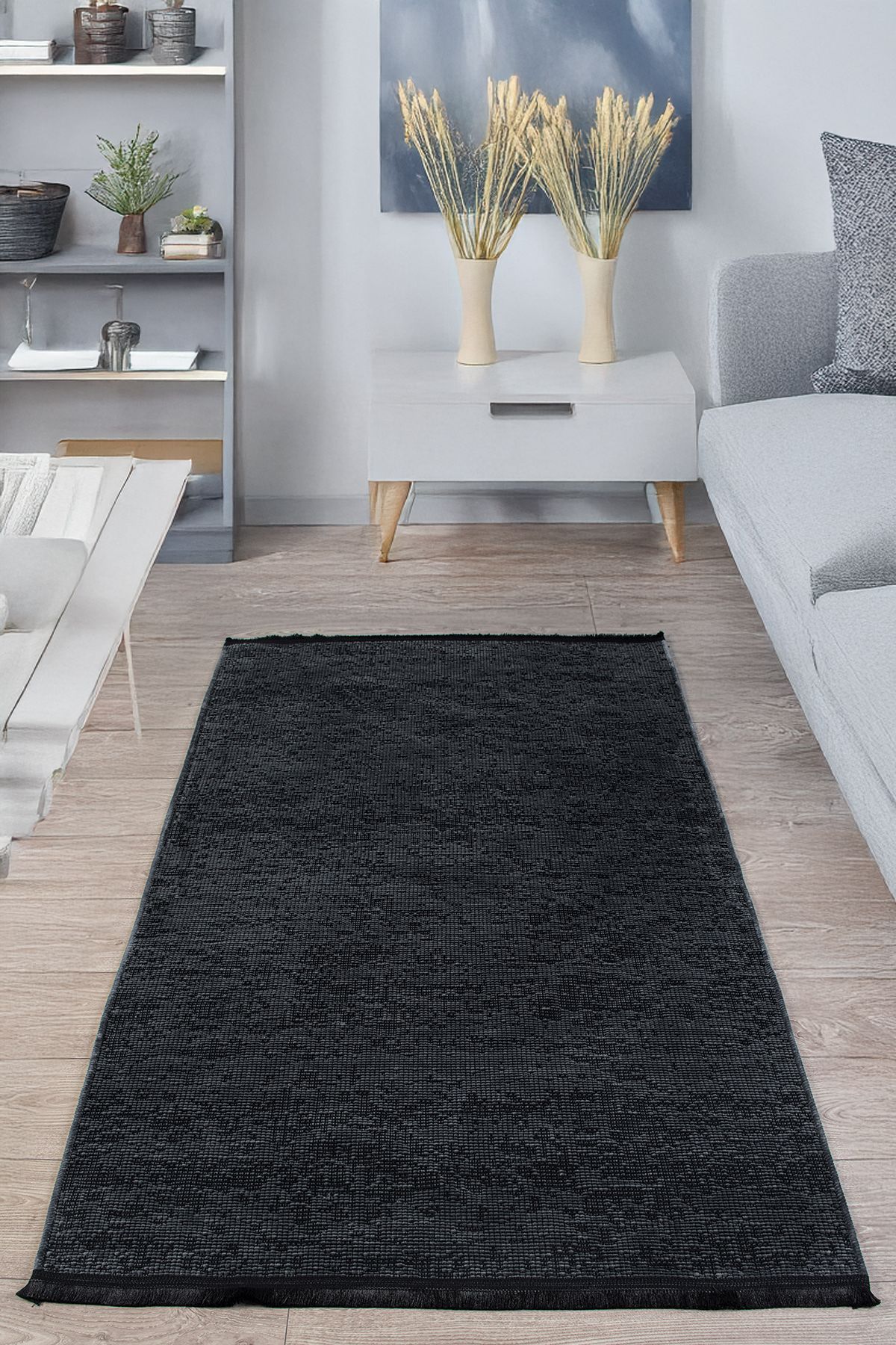 Badelya Home Antrasit Şönil Makinada Yıkanabilir Kaymaz Taban Saçaklı Pamuklu Halı Kilim Oturma Odası Salon