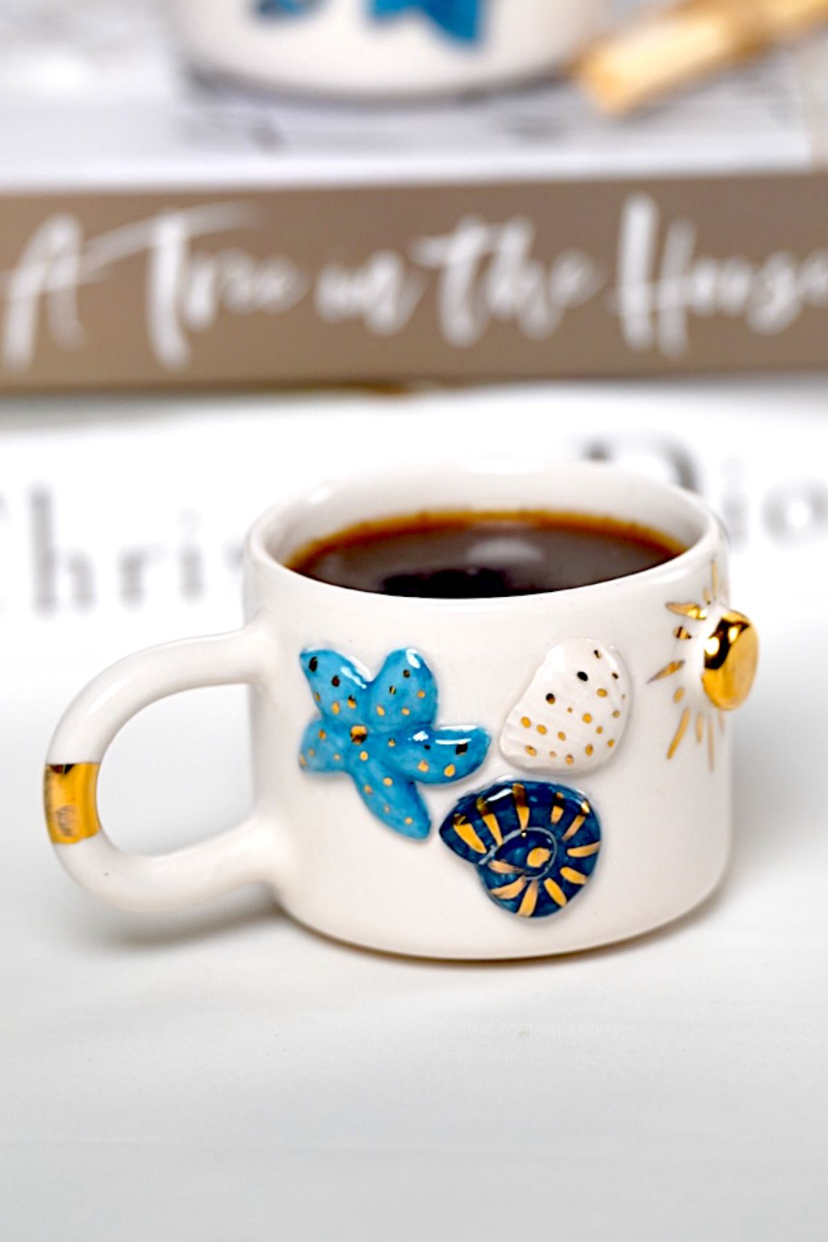 EL YAPIMI 24k Altın Süslemeli Okyanus Temalı El Yapımı Seramik Mug