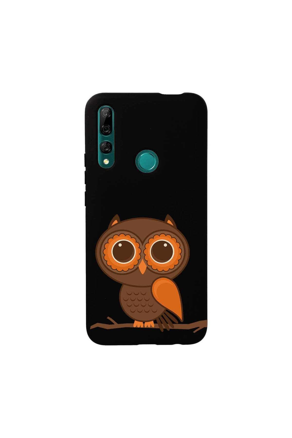PrintiFy Huawei Y9 Prime 2019 ile Uyumlu Baykuş (0214a) Tasarımlı Siyah Lansman Silikon Kılıf